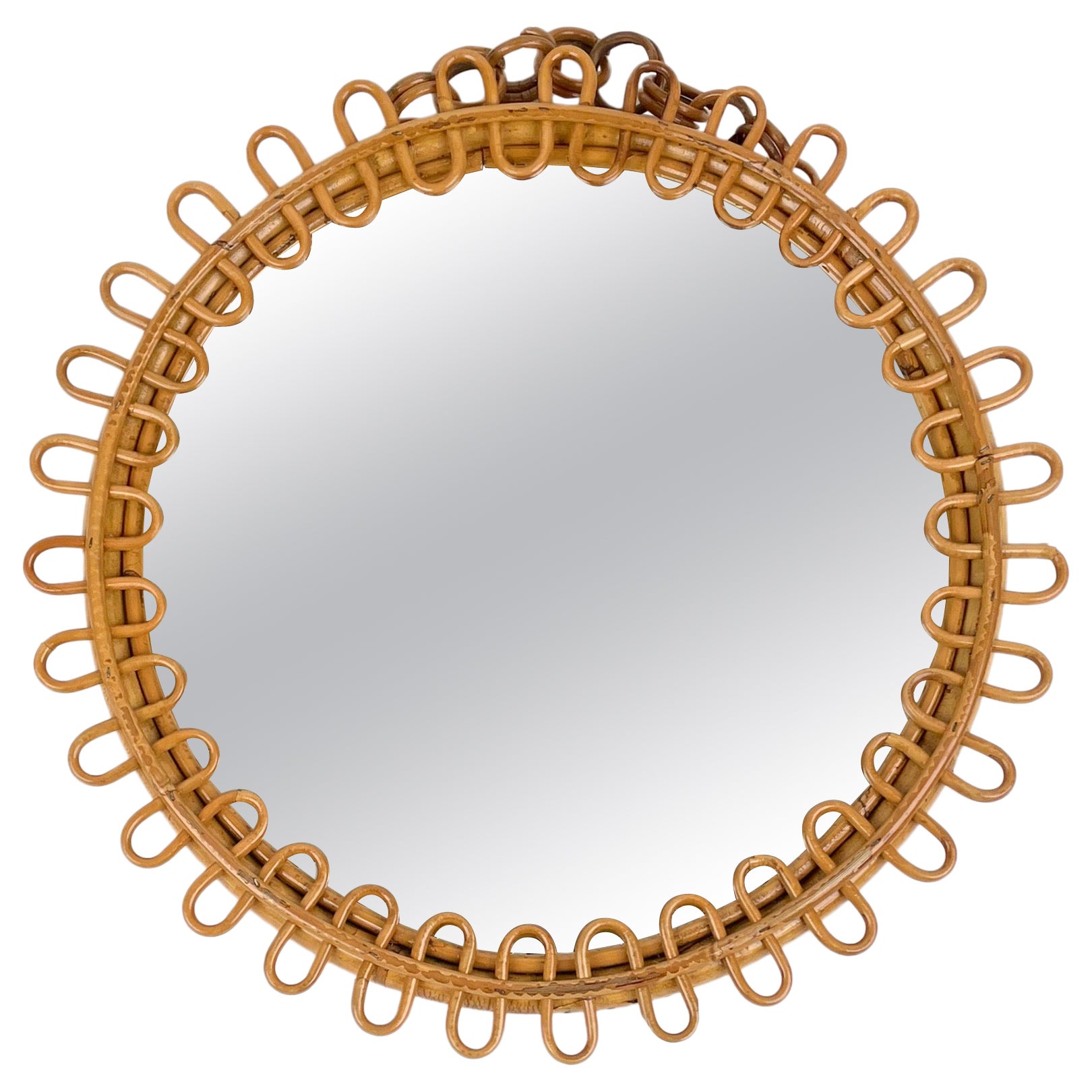 Mid-Century Rattan & Bamboo Round Wall Mirror, Italy 1960s