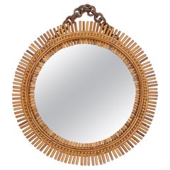 Vintage Mid-Century Rattan & Bamboo Round Wall Mirror, Italy 1960s