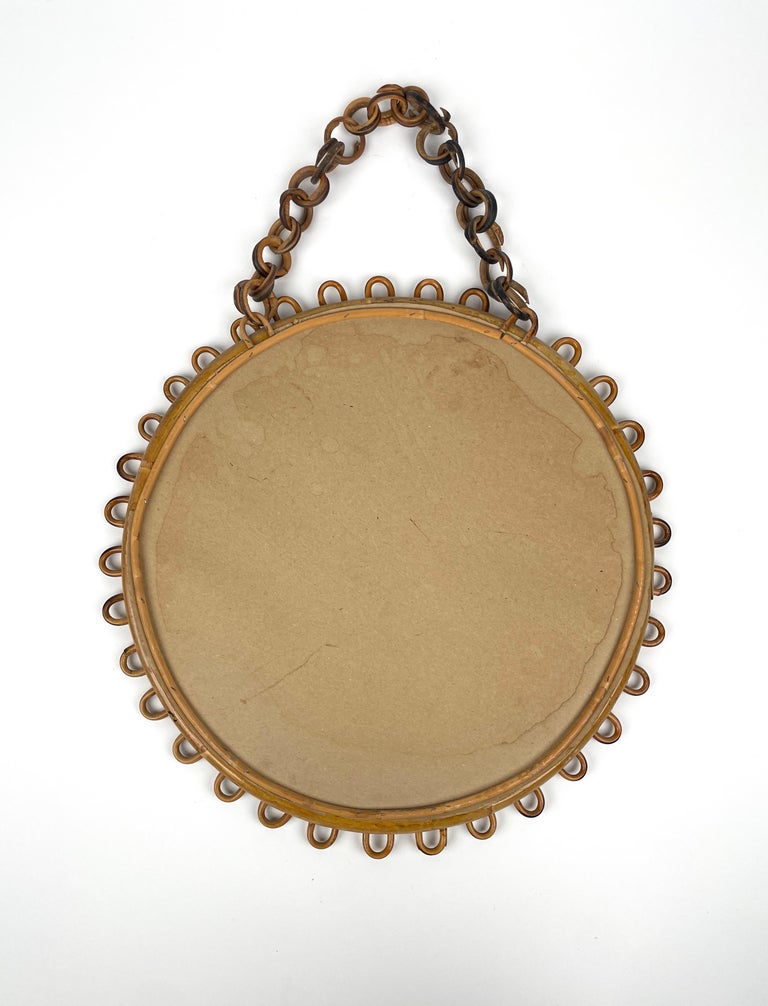 MidCentury Rattan and Bamboo Round Wall Mirror with Chain, Italy 1960s