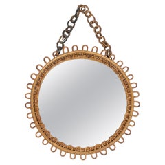 Vintage Mid-Century Rattan & Bamboo Round Wall Mirror with Chain, Italy 1960s