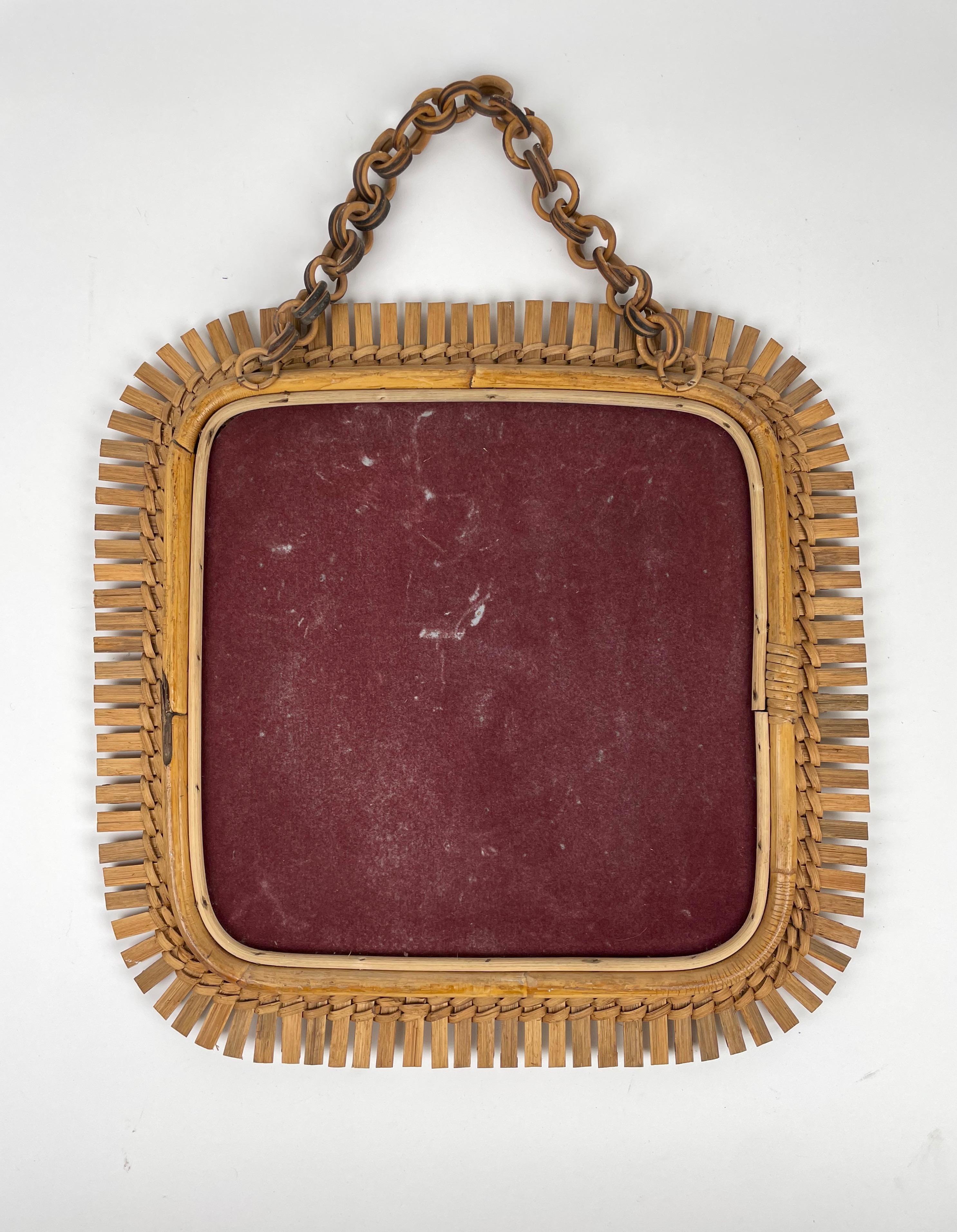 Mid-Century Rattan & Bamboo Squared Wall Mirror, Italy 1960s For Sale 5