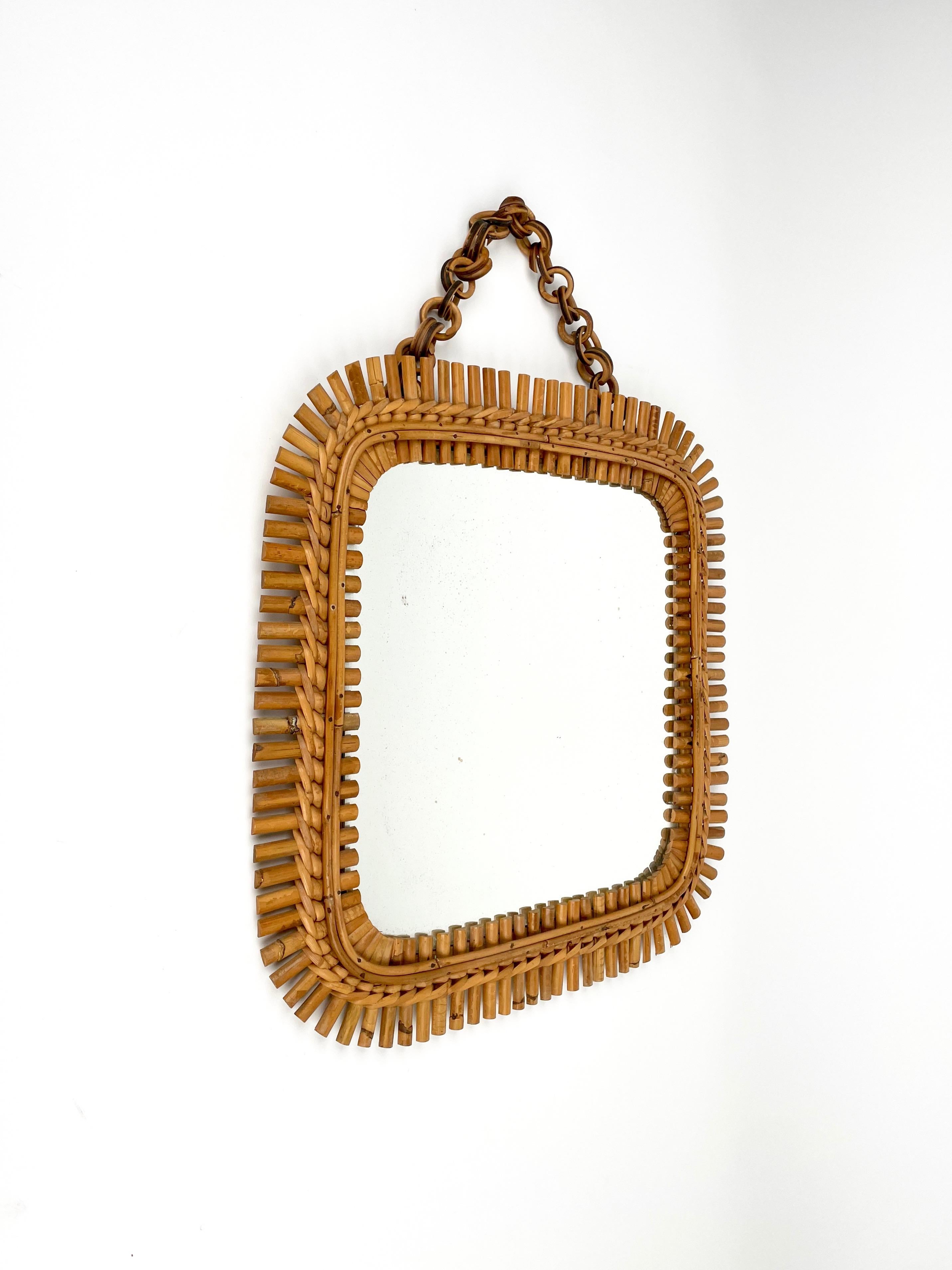 Mid-Century Modern Mid-Century Rattan & Bamboo Squared Wall Mirror, Italy 1960s For Sale