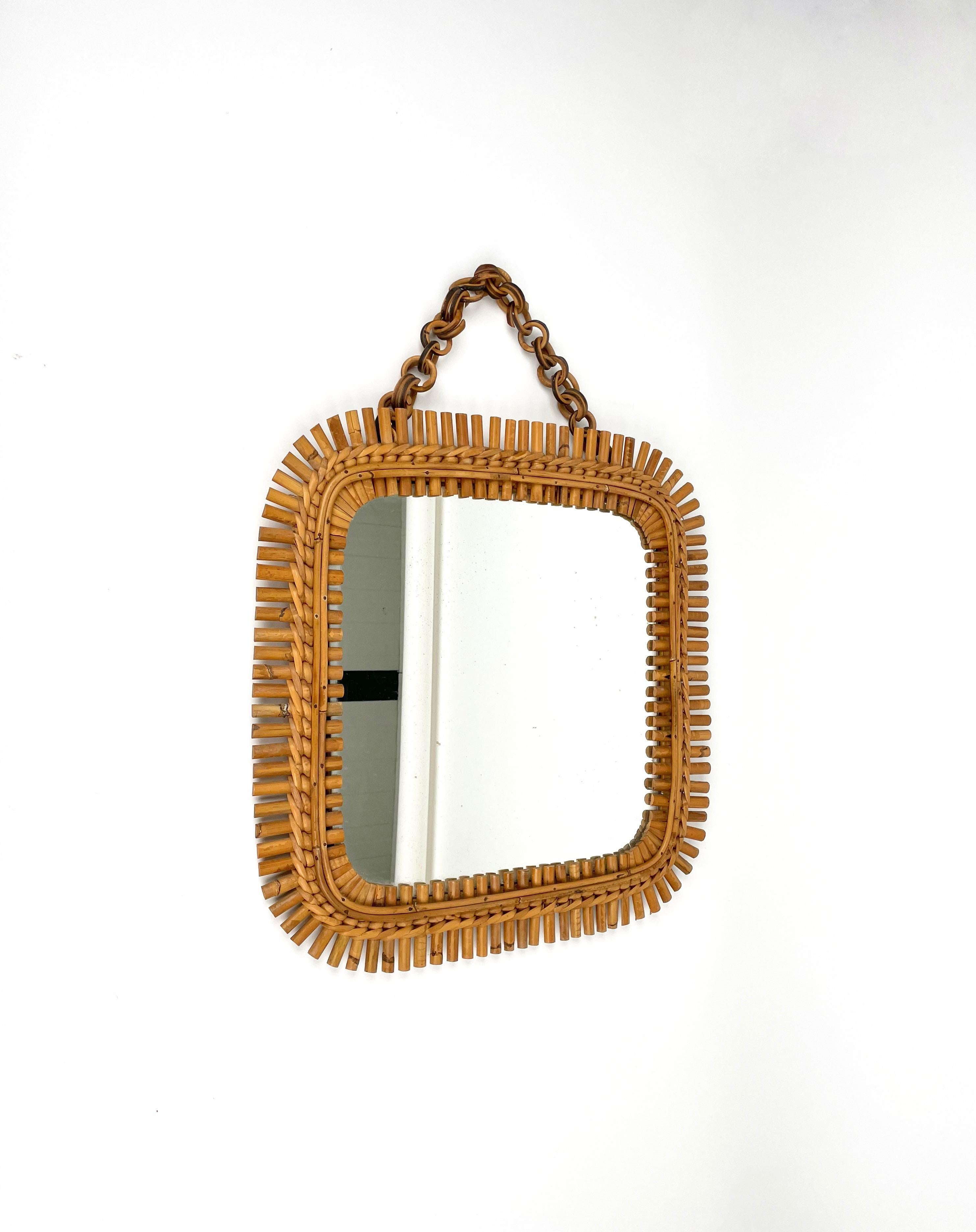 Italian Mid-Century Rattan & Bamboo Squared Wall Mirror, Italy 1960s For Sale