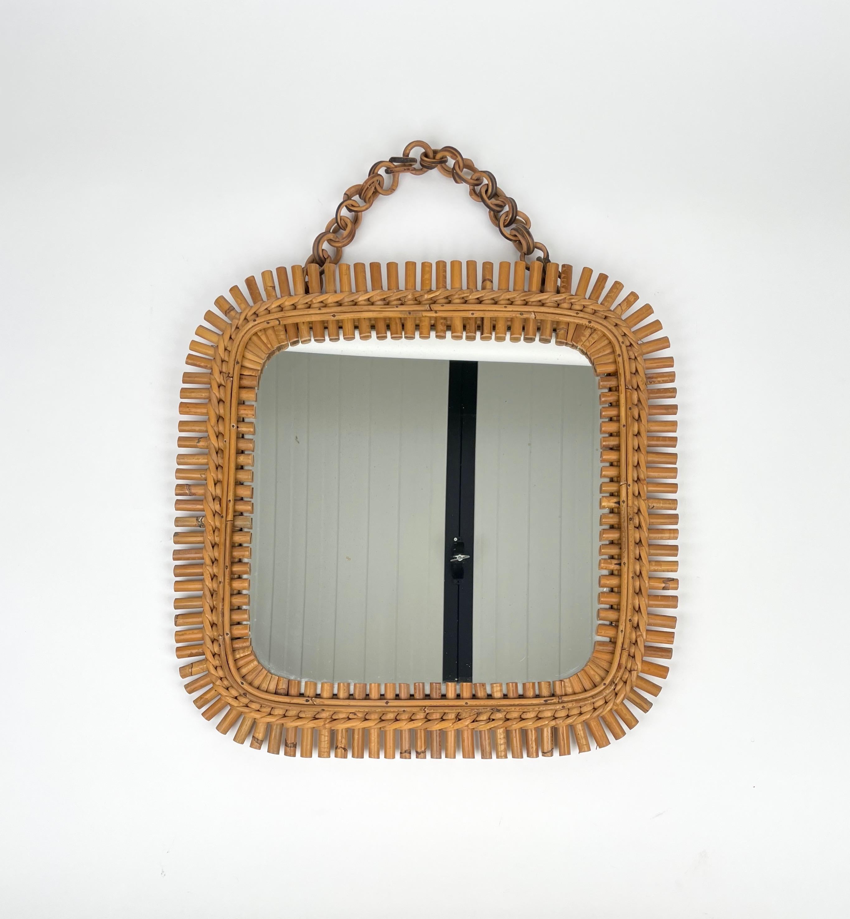 Mid-Century Rattan & Bamboo Squared Wall Mirror, Italy 1960s In Good Condition For Sale In Rome, IT