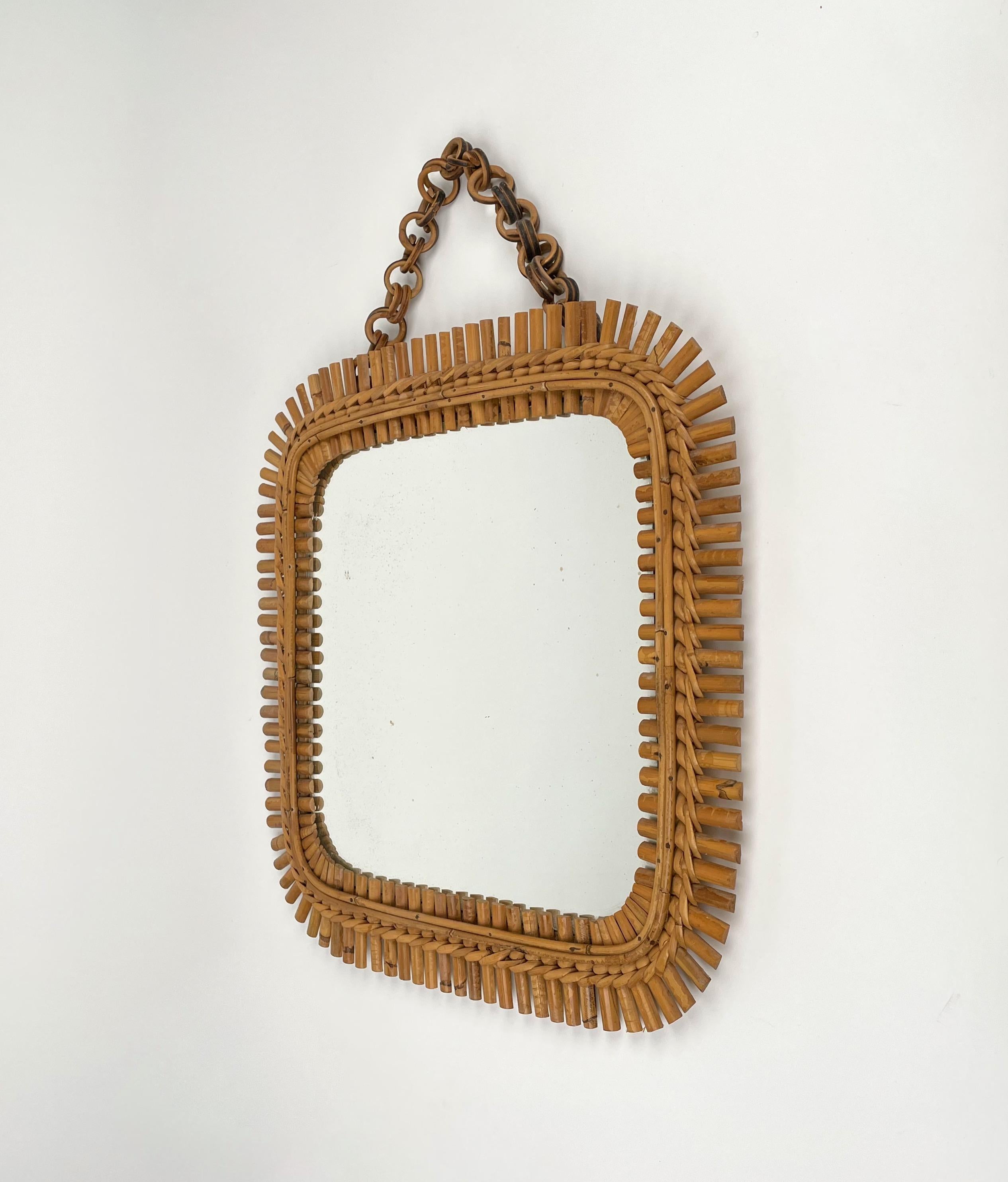 Mid-20th Century Mid-Century Rattan & Bamboo Squared Wall Mirror, Italy 1960s For Sale