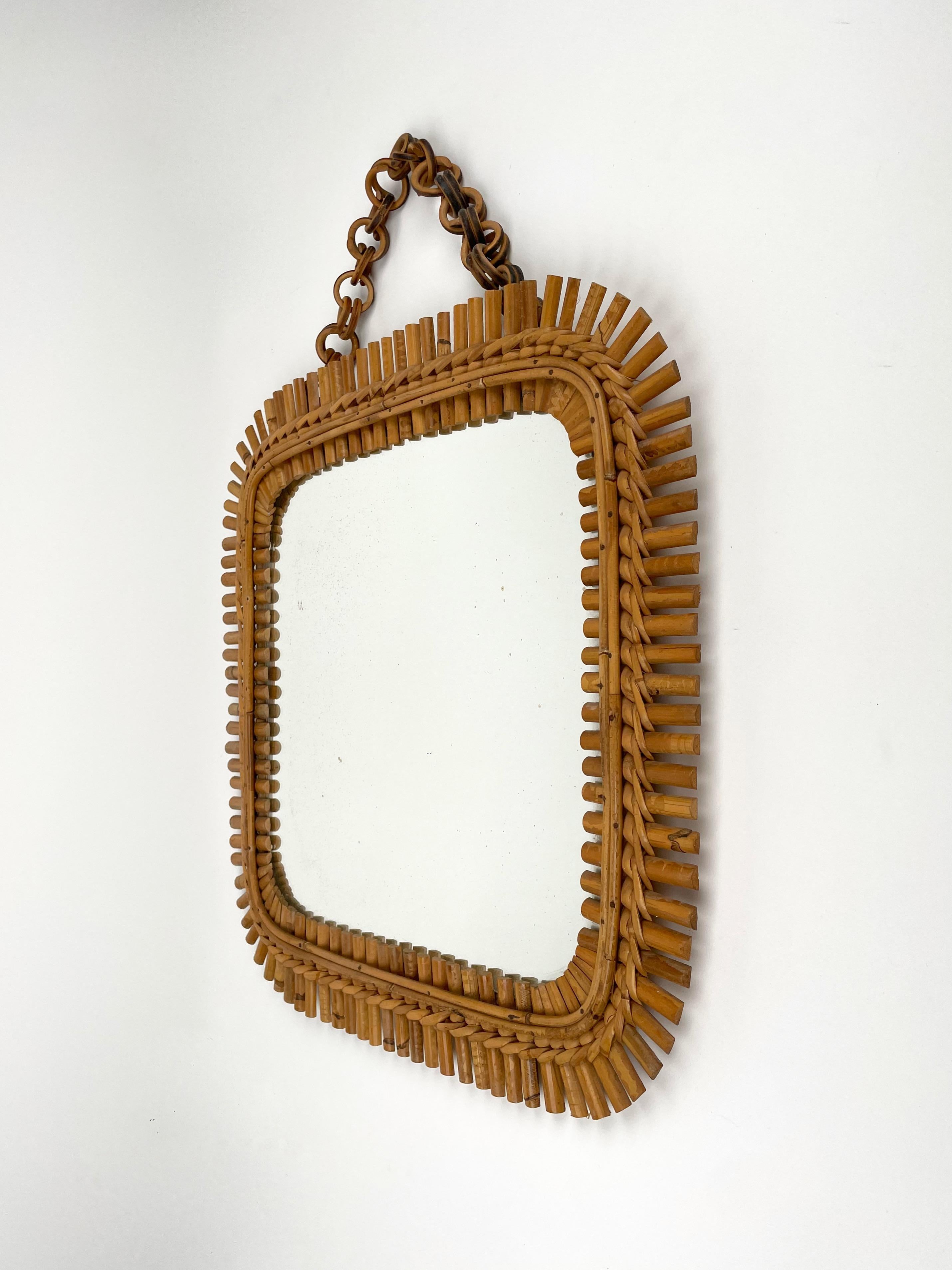 Mid-Century Rattan & Bamboo Squared Wall Mirror, Italy 1960s For Sale 1