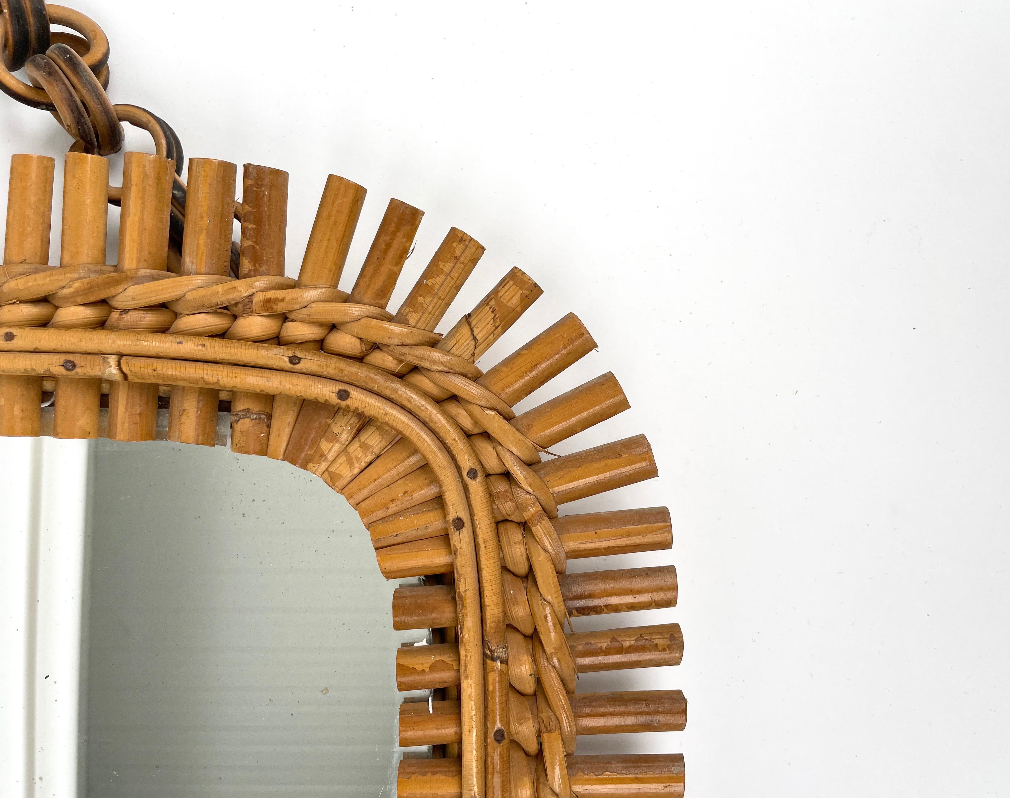 Mid-Century Rattan & Bamboo Squared Wall Mirror, Italy 1960s For Sale 3