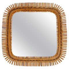 Mid-Century Rattan & Bamboo Squared Wall Mirror, Italy 1960s