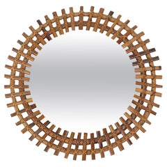 Mid-Century Rattan & Bamboo Sunburst Round Wall Mirror, Italy, 1960s