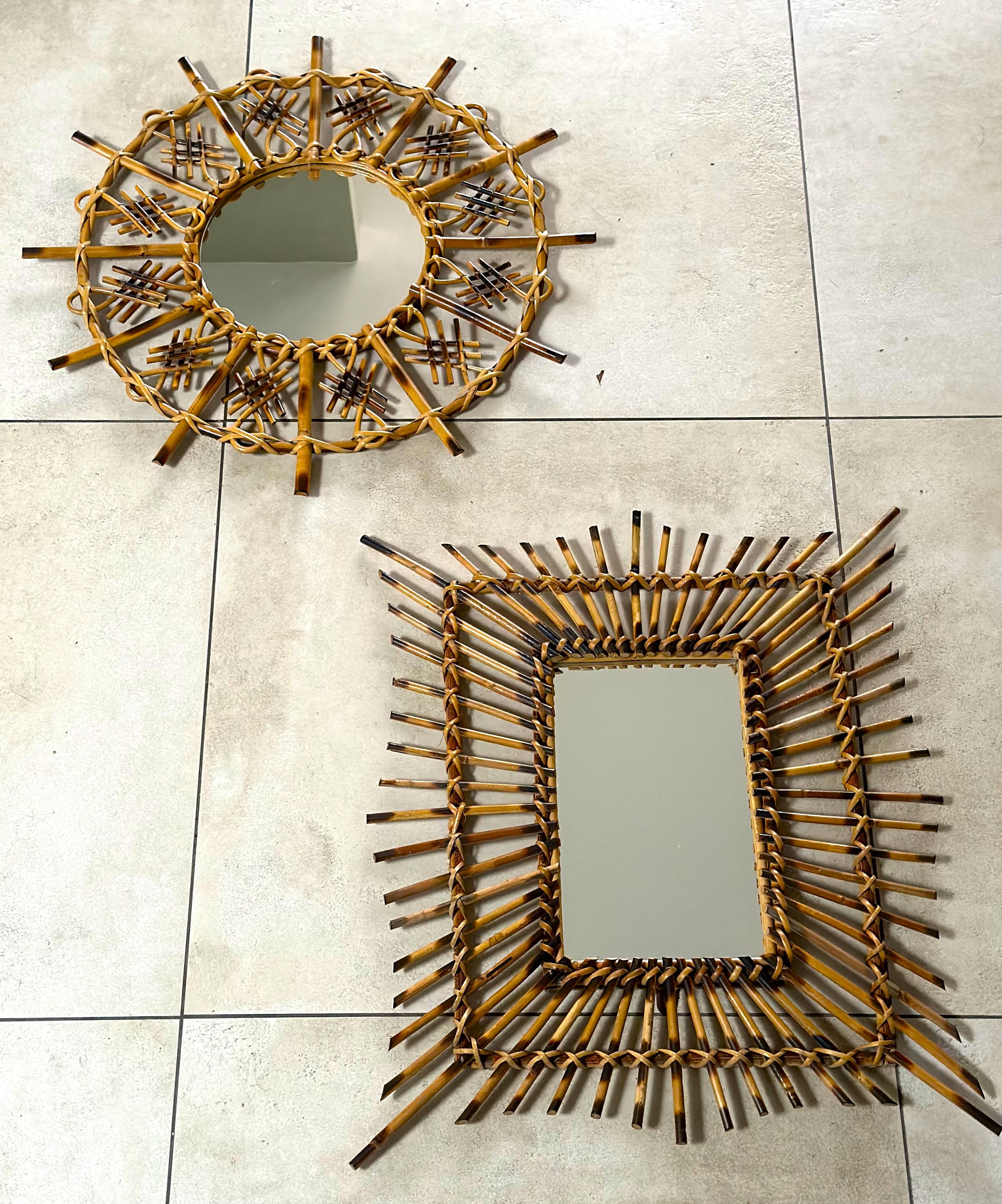 Mid-Century Rattan, Bamboo, Wicker Pair of Mirrors, Italy 1960 For Sale 4