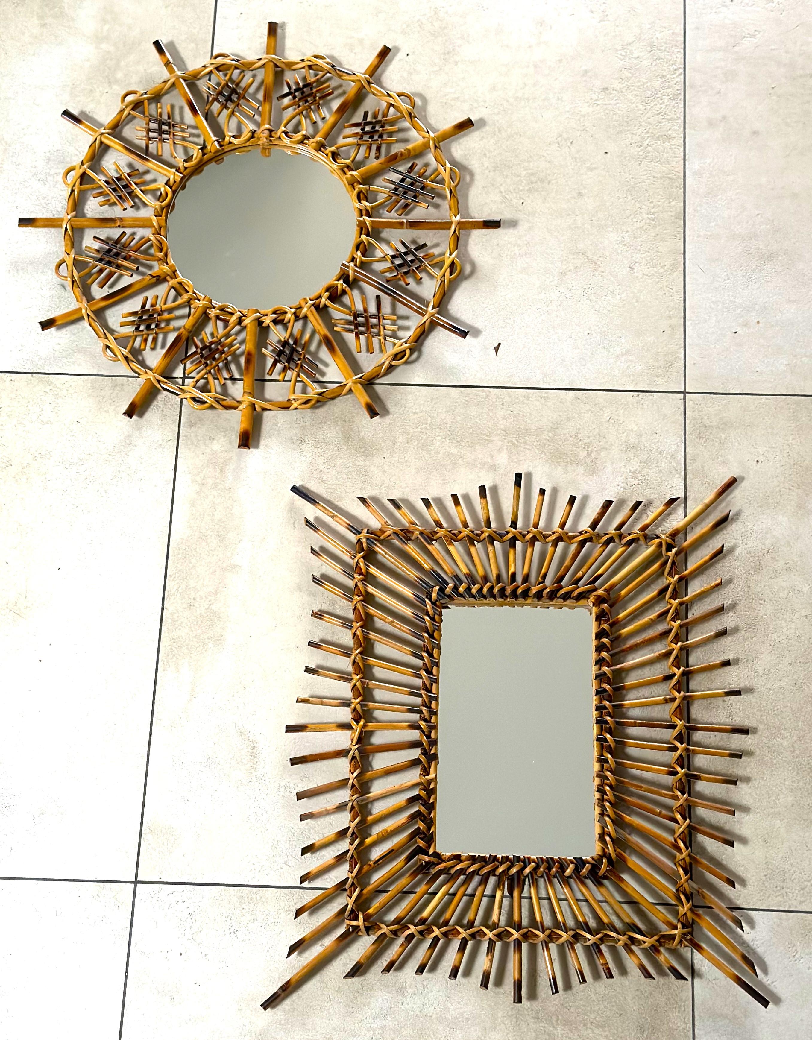 Mid-Century Rattan, Bamboo, Wicker Pair of Mirrors, Italy 1960 For Sale 5