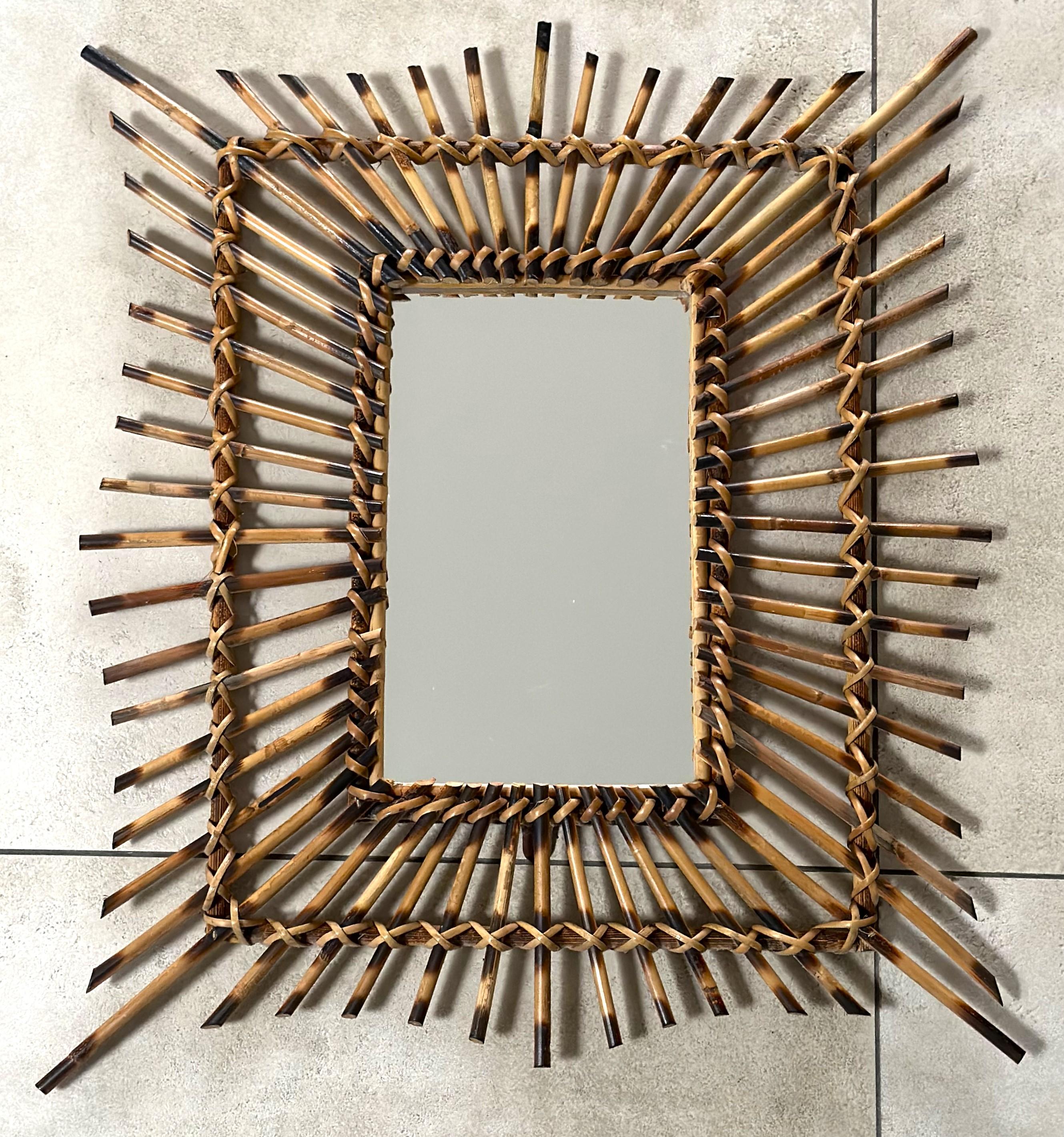 Mid-Century Rattan, Bamboo, Wicker Pair of Mirrors, Italy 1960 For Sale 8
