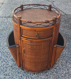 Mid-Century Rattan, Bamboo Woven Wicker Side Cabinet Magazine Rack
