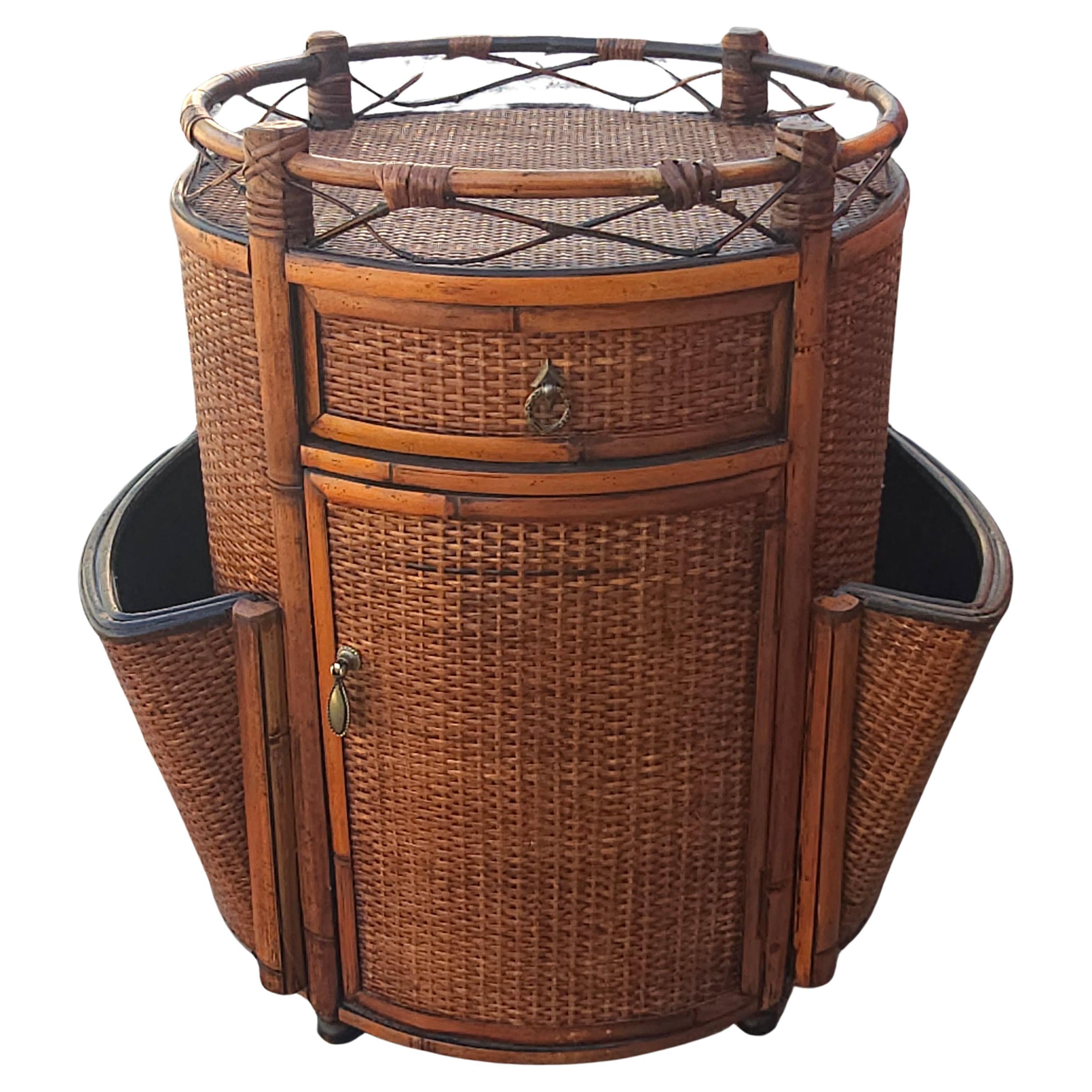 Mid-Century Rattan, Bamboo Woven Wicker Side Cabinet Magazine Rack