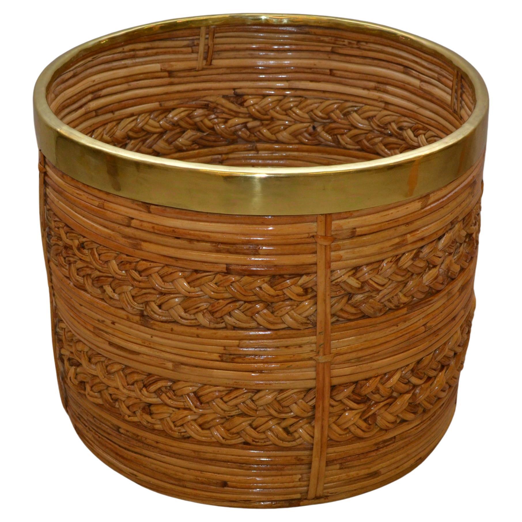 Mid-Century Rattan Basket / Planter with Brass decoration. From Italy 1960s