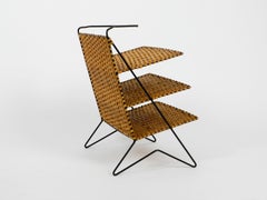 Mid Century Rattan Bast Newspaper and Magazine Rack with Metal Frame
