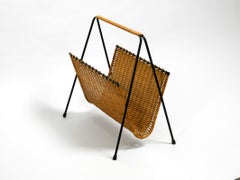 Midcentury Rattan Bast Newspaper and Magazine Rack with Metal Frame