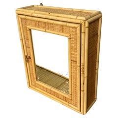 Vintage Mid Century Rattan Bathroom Wall Cabinet / Vanity, French 1970s