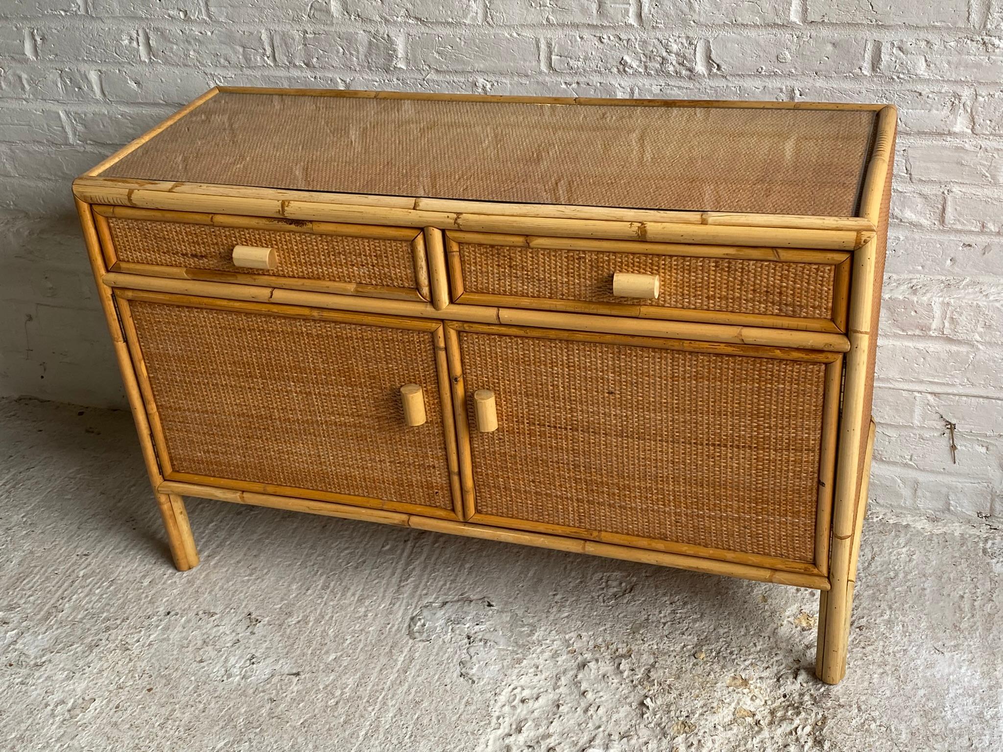 Mid Century Rattan & Cane Compact Sideboard, Italy, 1970s In Good Condition In Richmond, Surrey