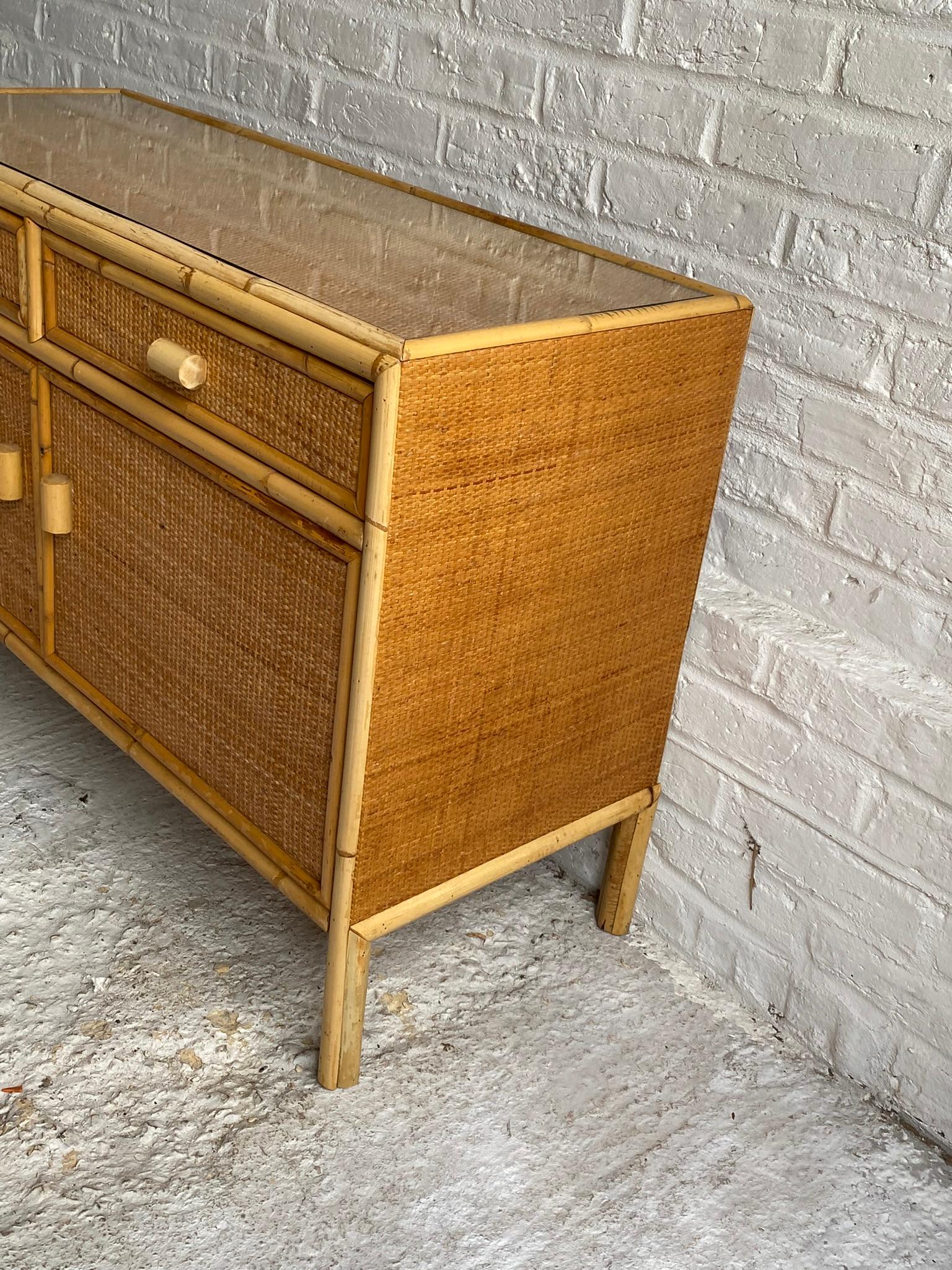 Late 20th Century Mid Century Rattan & Cane Compact Sideboard, Italy, 1970s
