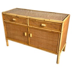 Vintage Mid Century Rattan & Cane Compact Sideboard, Italy, 1970s