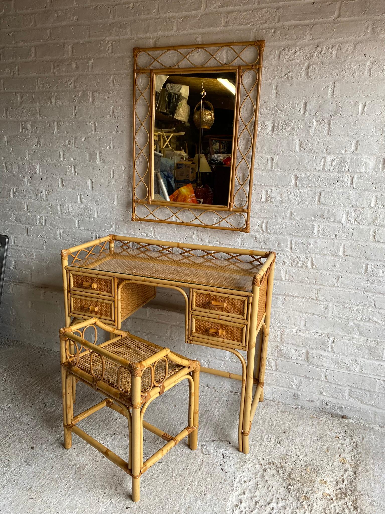 Mid Century Rattan Cane Dressing Table / Desk and Stool, England 1970s 4