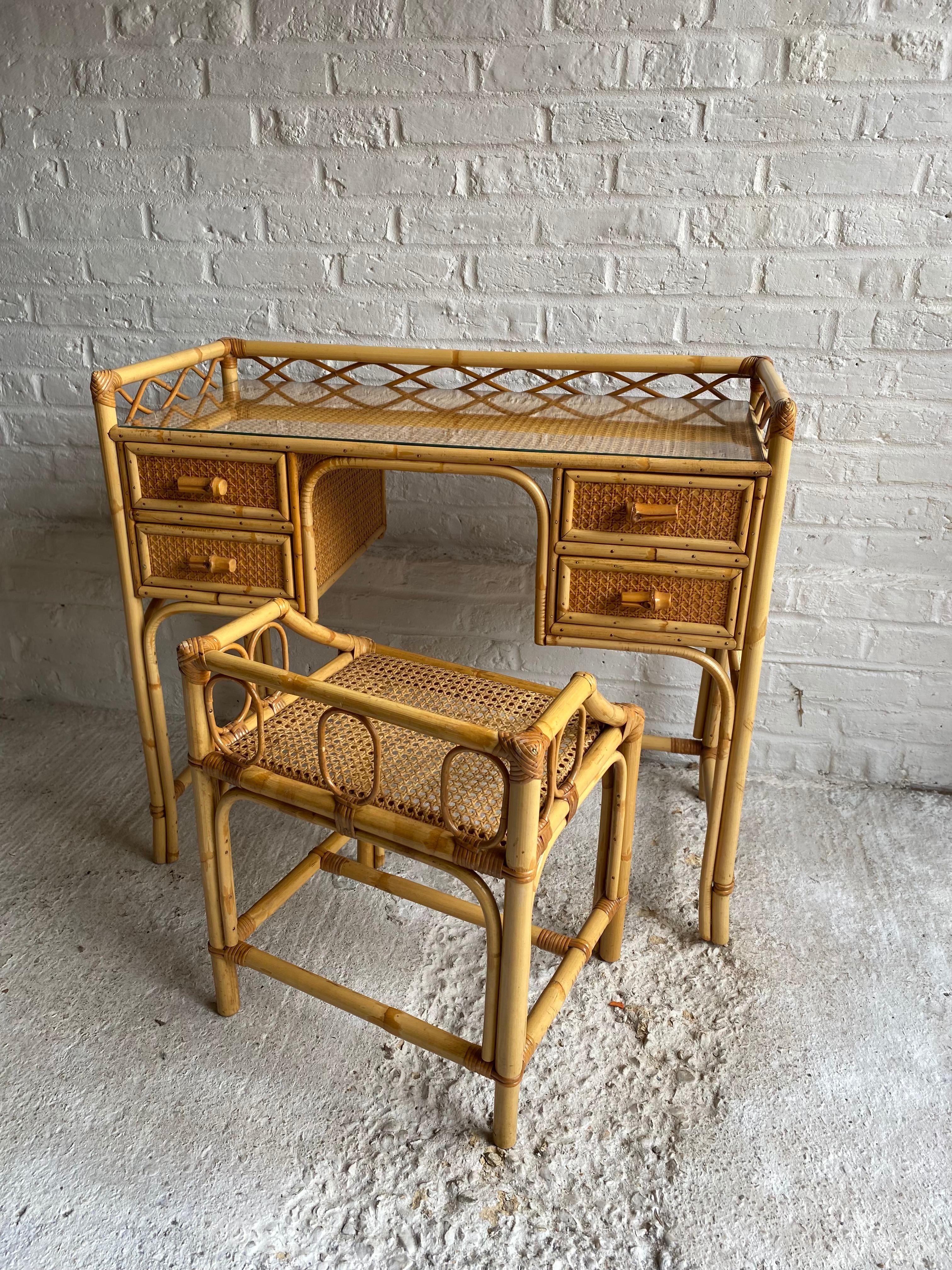 Mid Century Rattan Cane Dressing Table / Desk and Stool, England 1970s 5