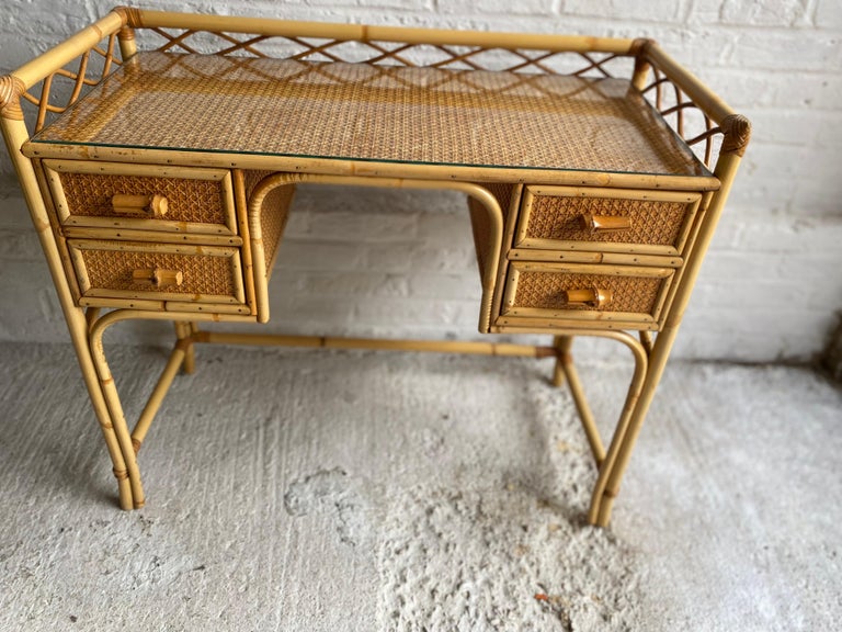 Mid Century Rattan Cane Dressing Table / Desk and Stool, England 1970s