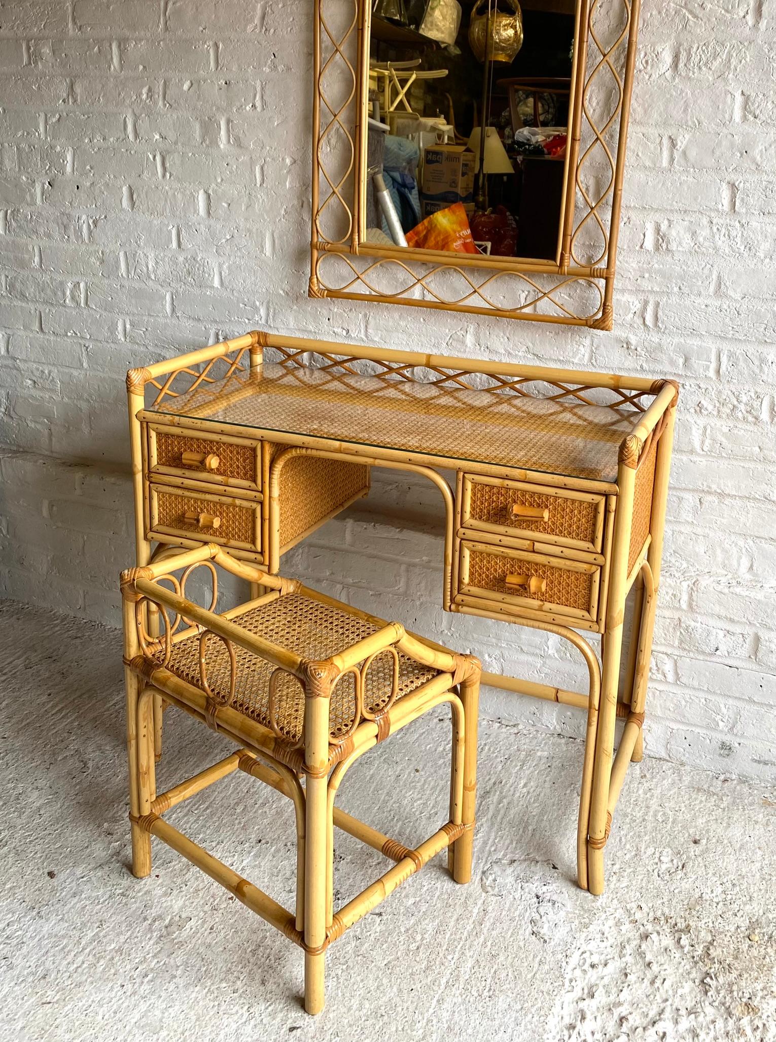 Mid Century Rattan Cane Dressing Table / Desk and Stool, England 1970s 7