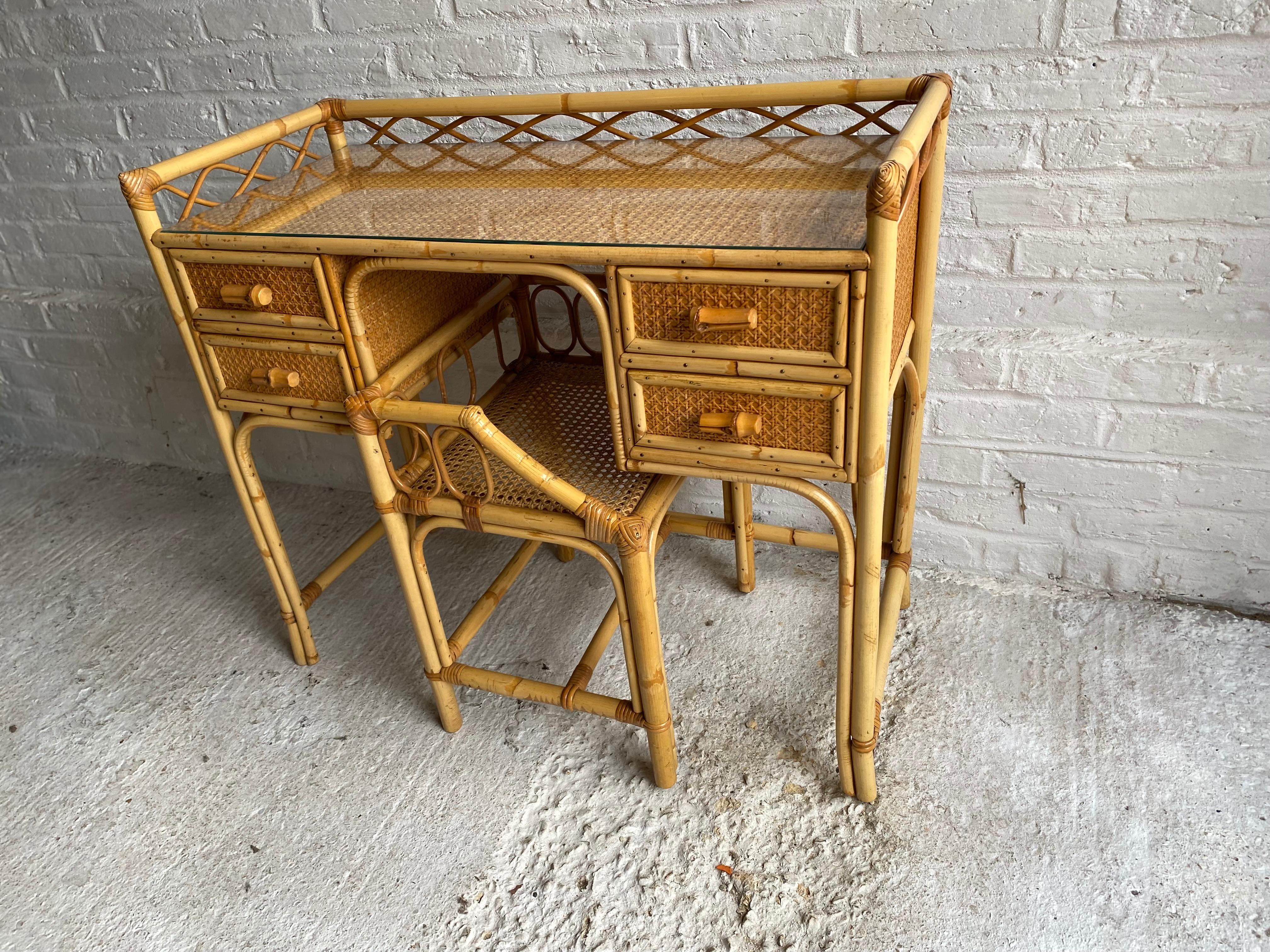 Mid Century Rattan Cane Dressing Table / Desk and Stool, England 1970s 8