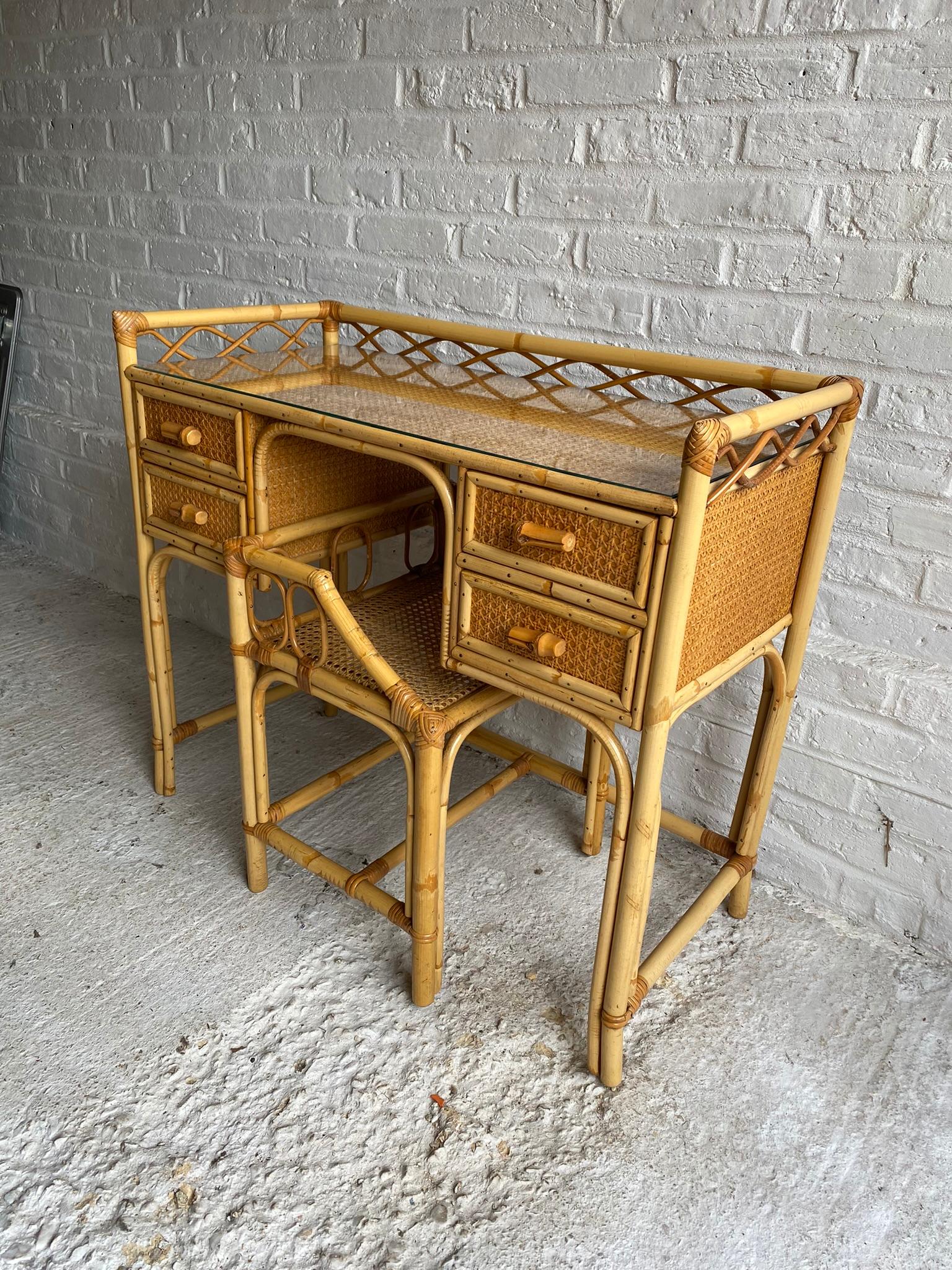 Mid Century Rattan Cane Dressing Table / Desk and Stool, England 1970s 9
