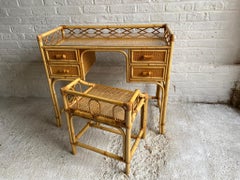 Mid Century Rattan Cane Dressing Table / Desk and Stool, England 1970s