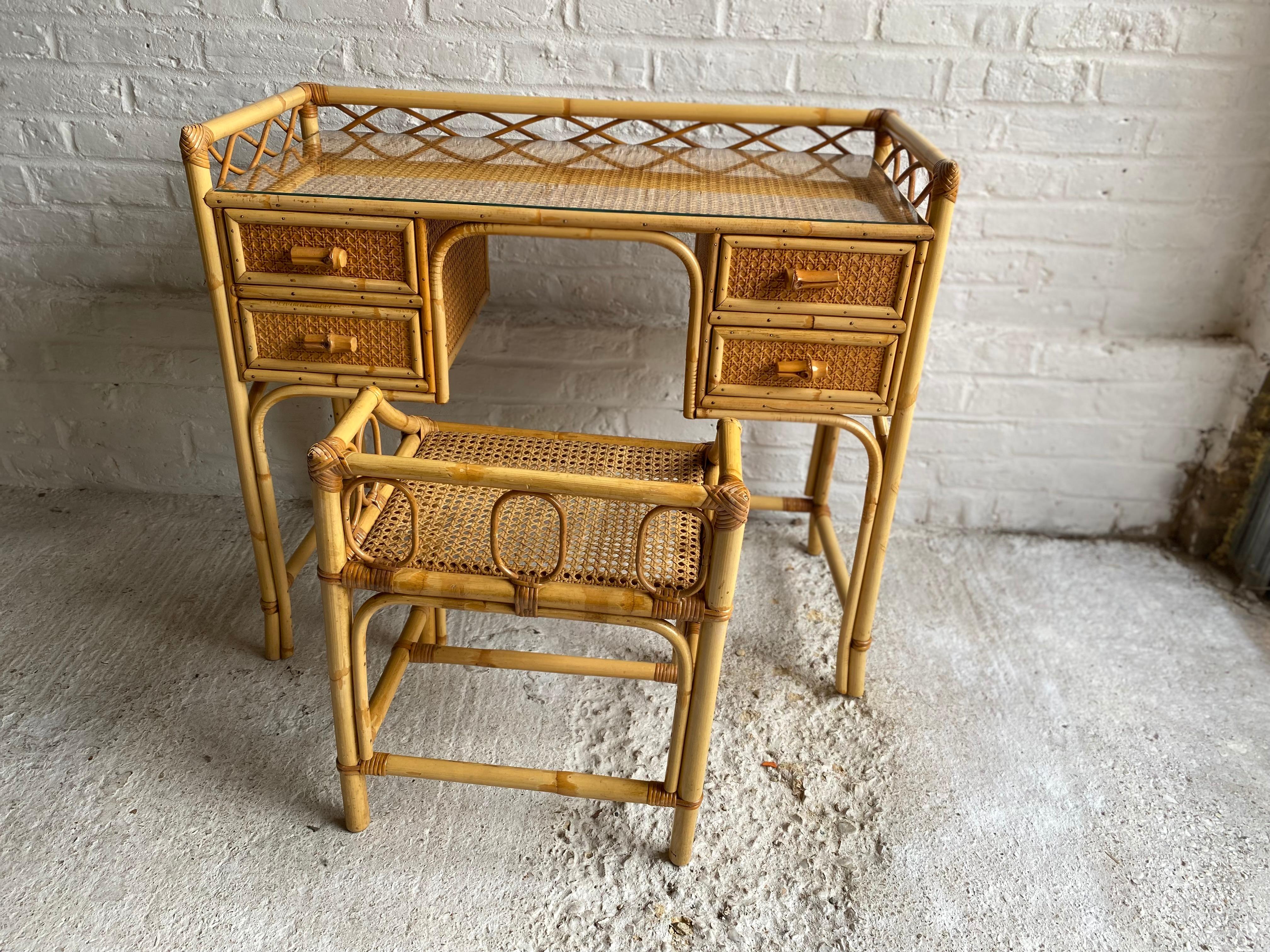 Mid-Century Modern Mid Century Rattan Cane Dressing Table / Desk and Stool, England 1970s