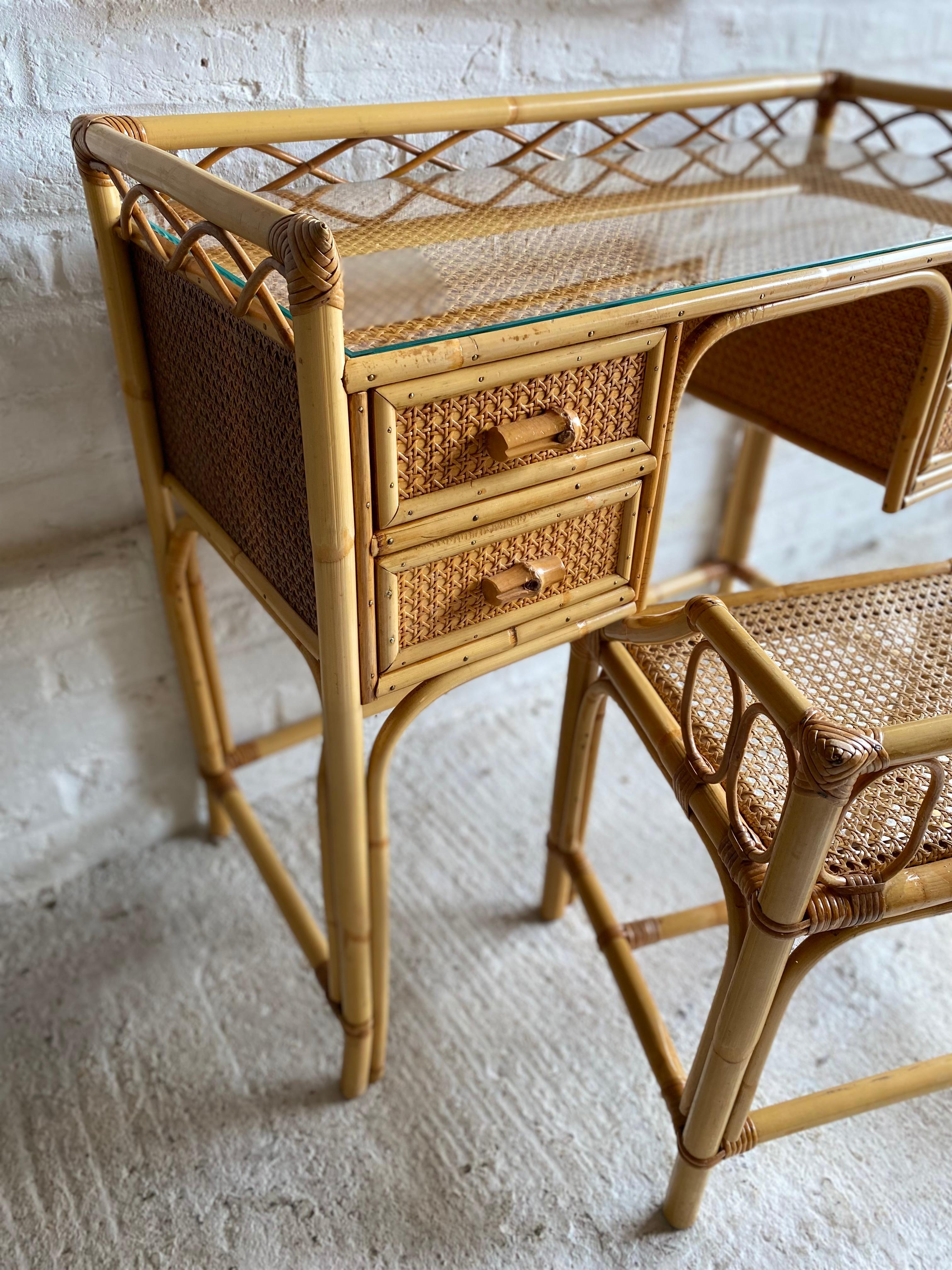 European Mid Century Rattan Cane Dressing Table / Desk and Stool, England 1970s