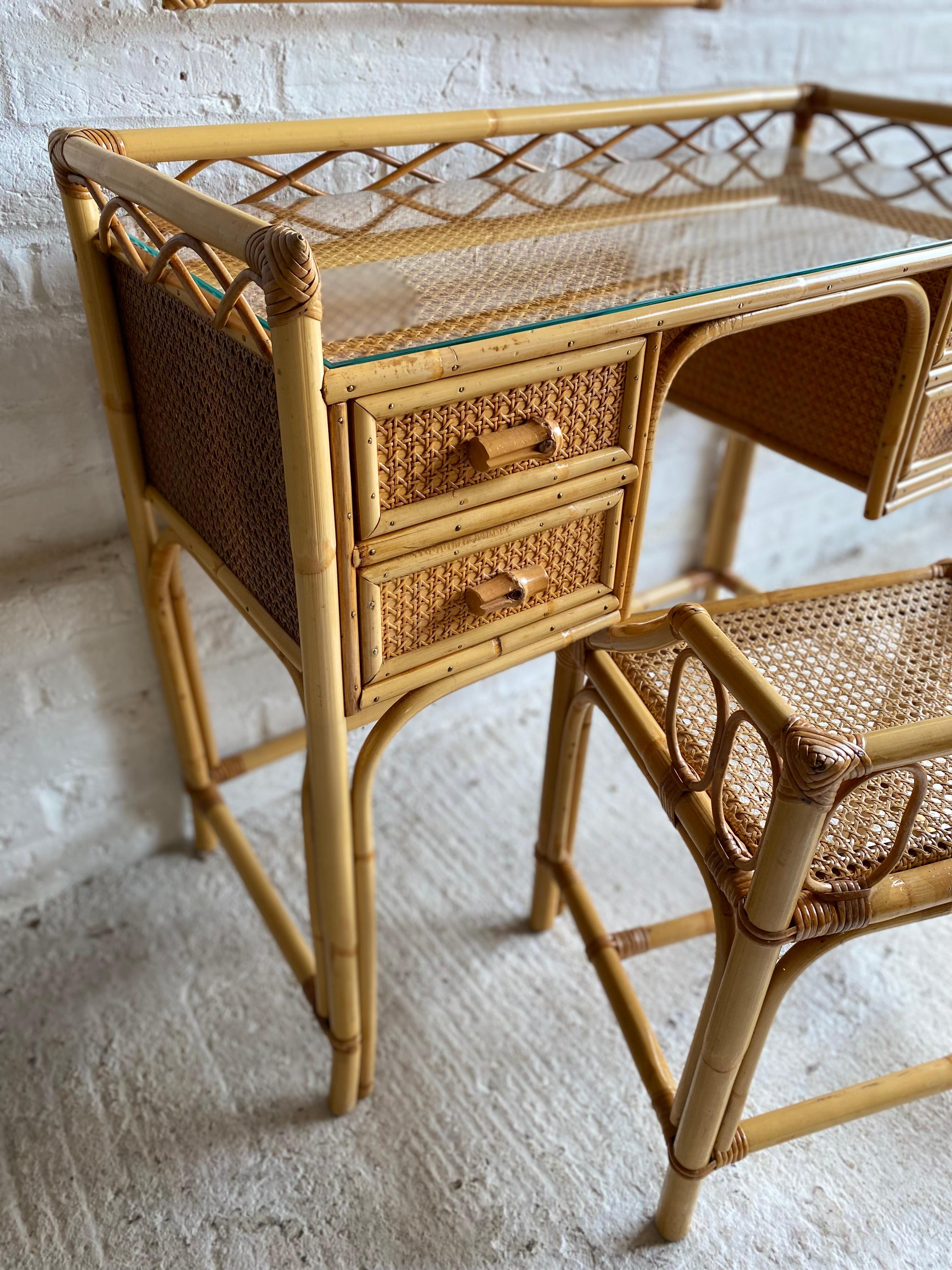 Mid Century Rattan Cane Dressing Table / Desk and Stool, England 1970s In Good Condition In Richmond, Surrey