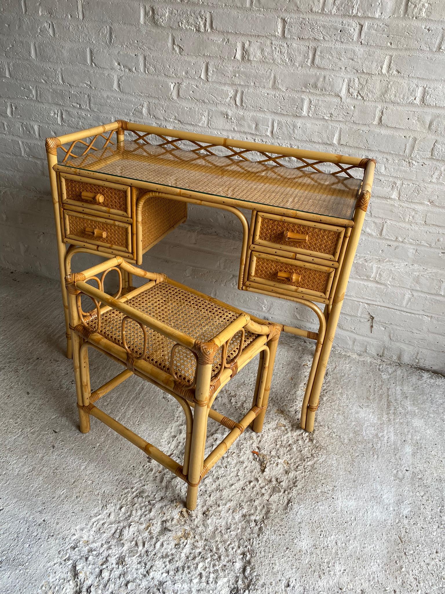 Late 20th Century Mid Century Rattan Cane Dressing Table / Desk and Stool, England 1970s