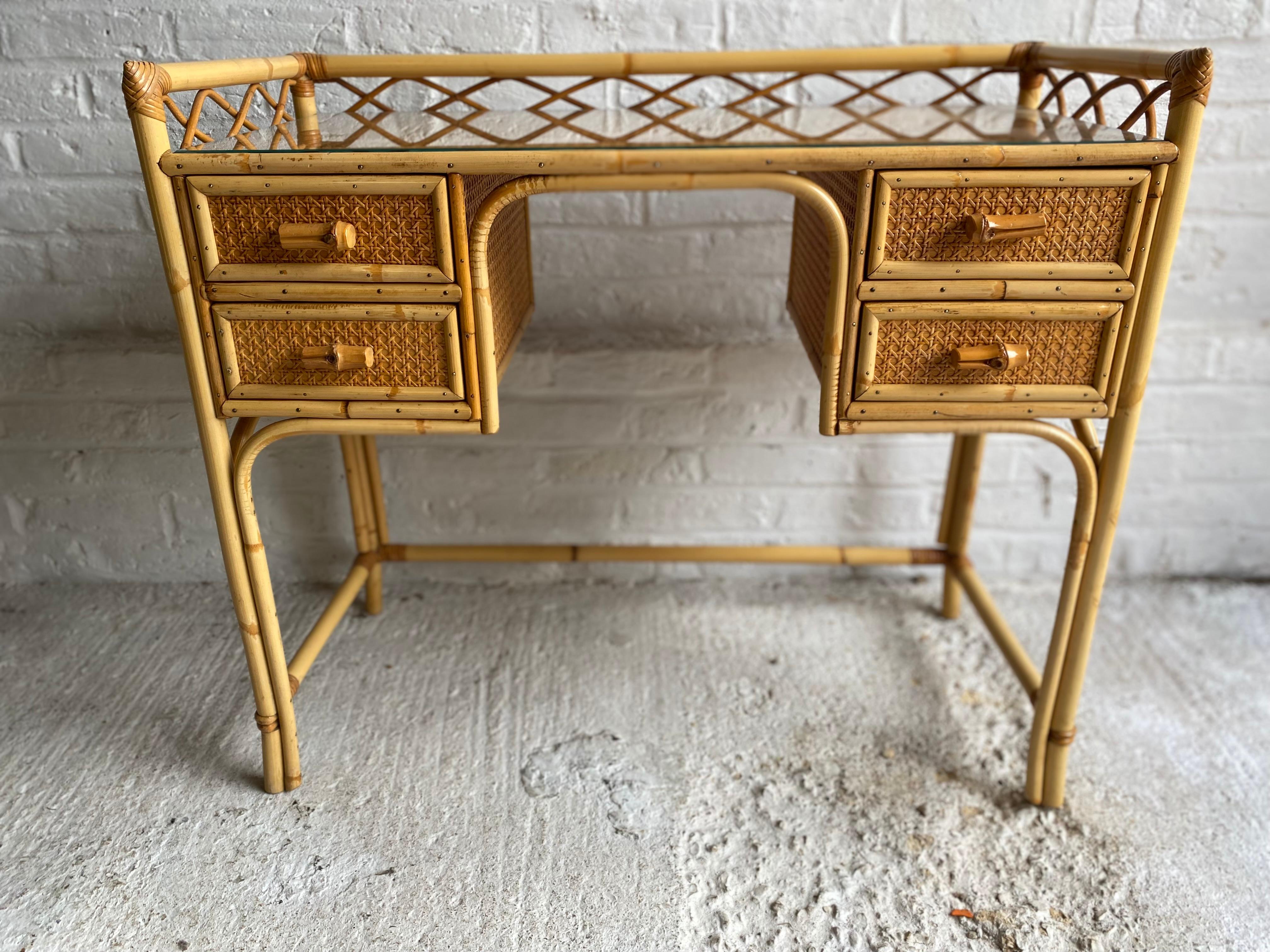 Mid Century Rattan Cane Dressing Table / Desk and Stool, England 1970s 1