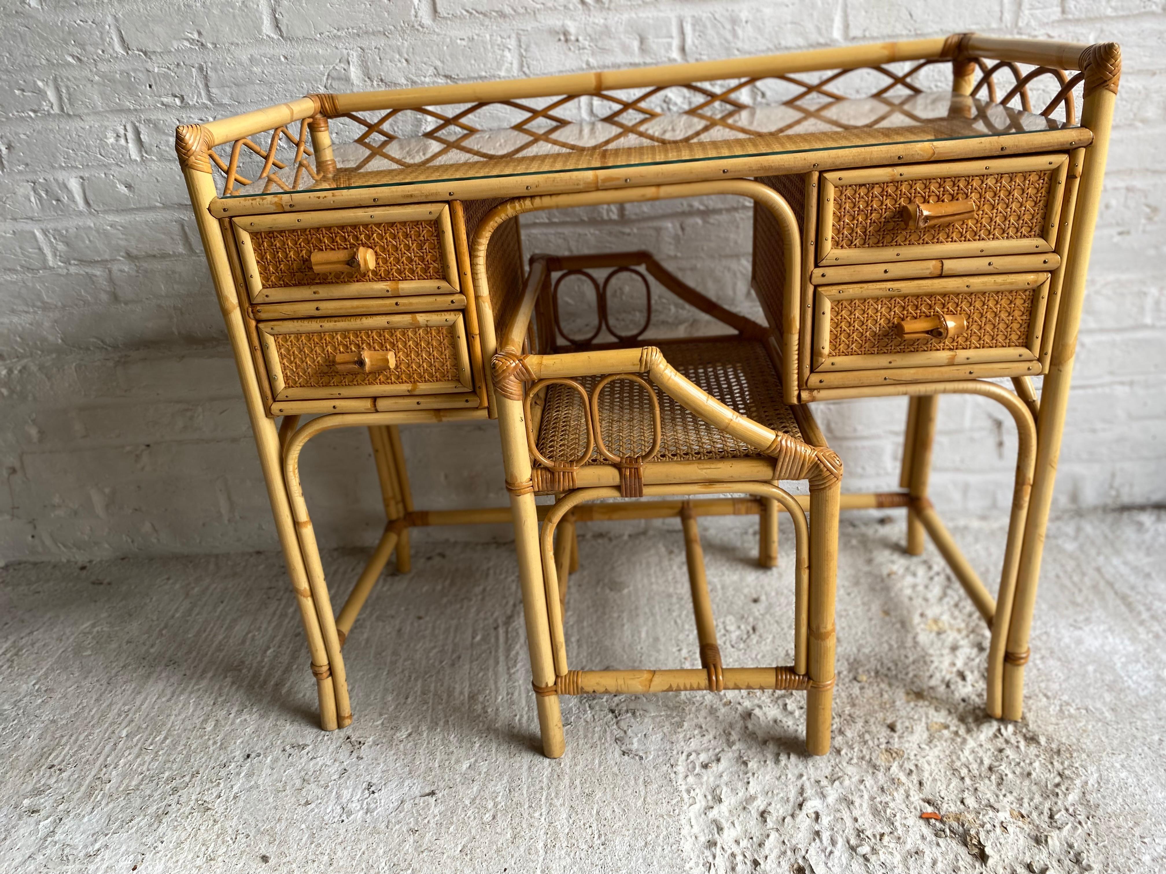 Mid Century Rattan Cane Dressing Table / Desk and Stool, England 1970s 2
