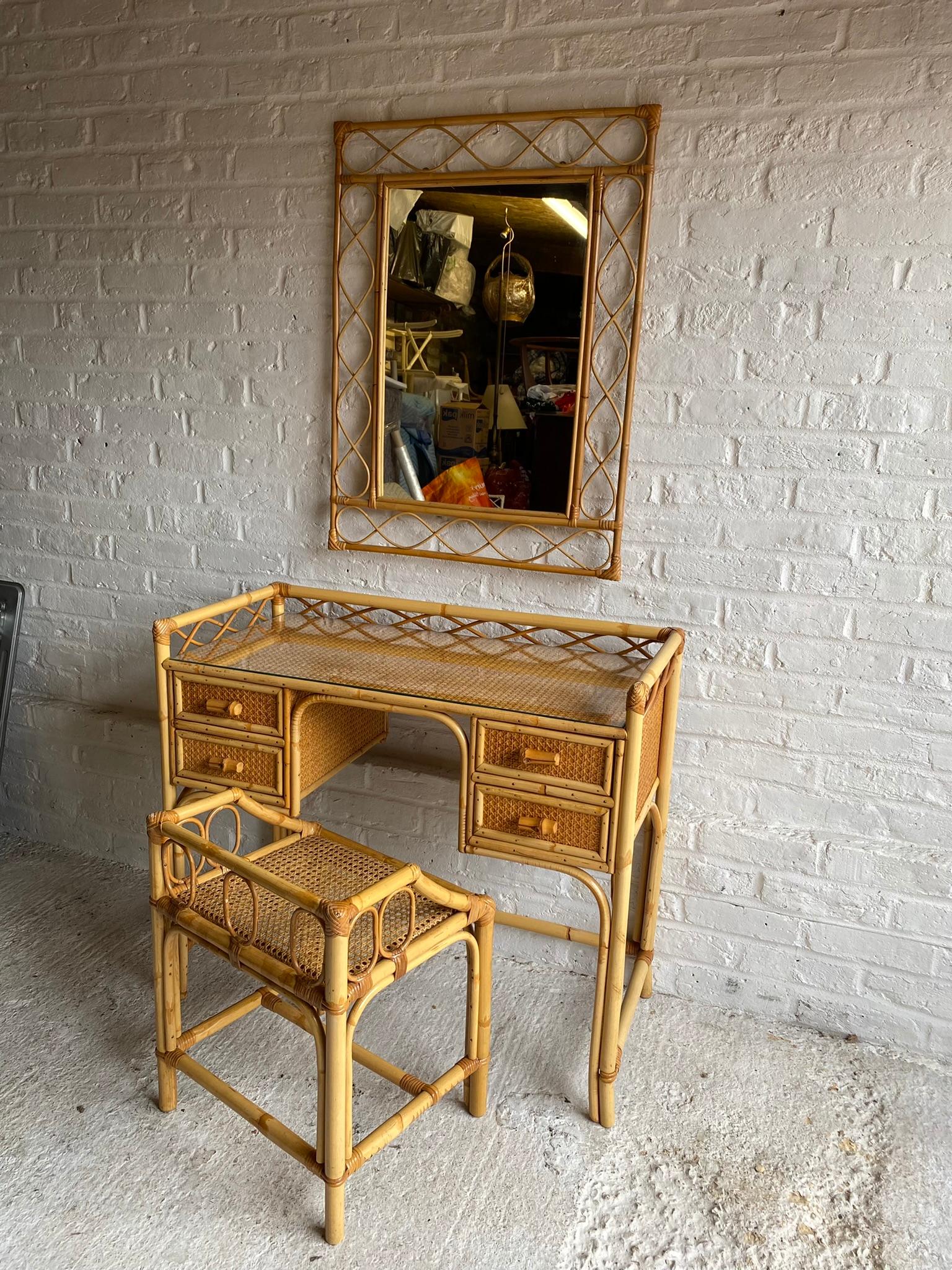 Mid Century Rattan Cane Dressing Table / Desk and Stool, England 1970s 3