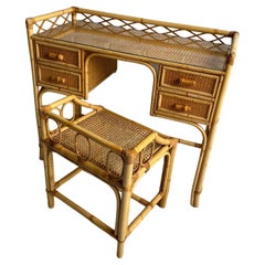 Mid Century Rattan Cane Dressing Table / Desk and Stool, England 1970s