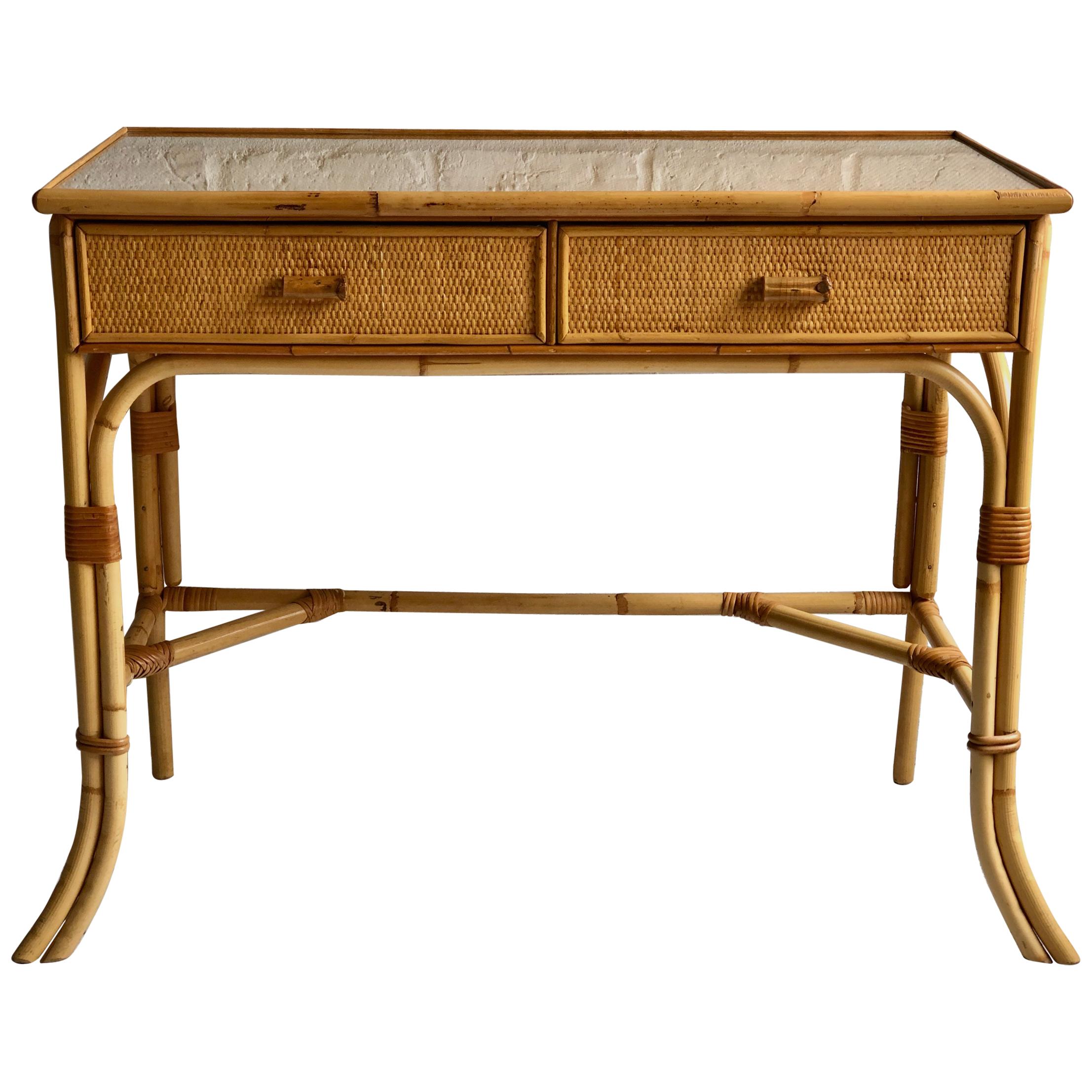 Midcentury Rattan Cane Dressing Table or Desk, Italy, Attrib. to Dal Vera 1970s