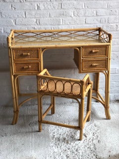 Midcentury Rattan Cane Dressing Table or Desk, Stool and Mirror Set, 1970s
