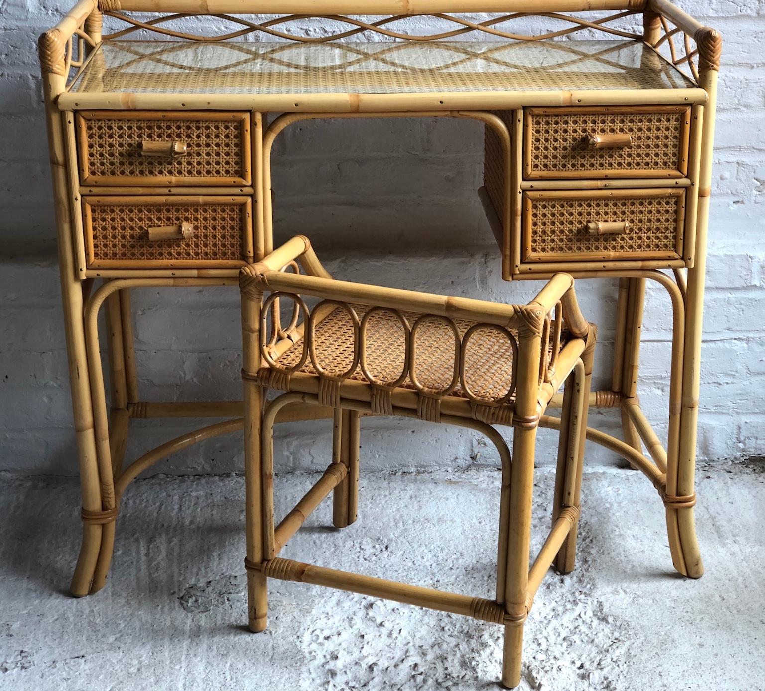 Mid-Century Modern Midcentury Rattan Cane Dressing Table or Desk, Stool and Mirror Set, 1970s