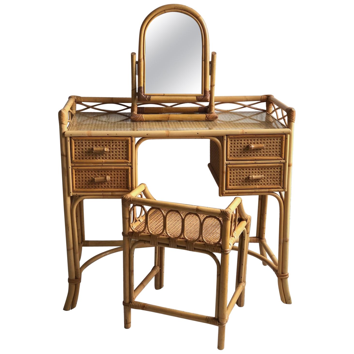 Midcentury Rattan Cane Dressing Table or Desk, Stool and Mirror Set, 1970s