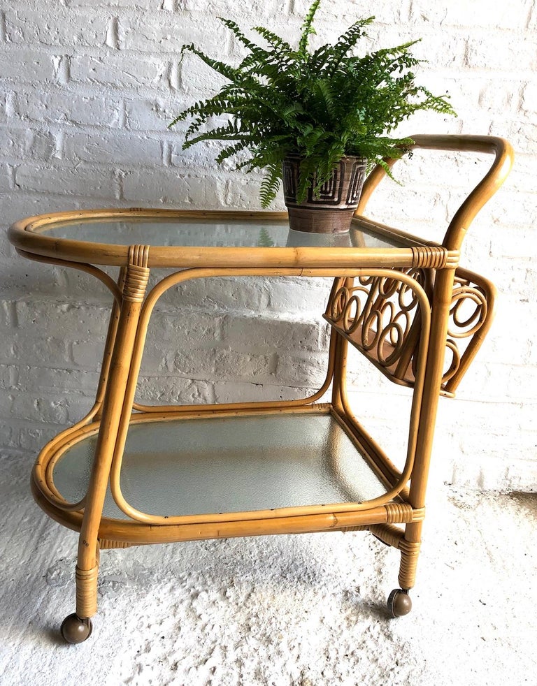 Midcentury Rattan / Cane Drinks Trolley by Angraves, circa 1970 at