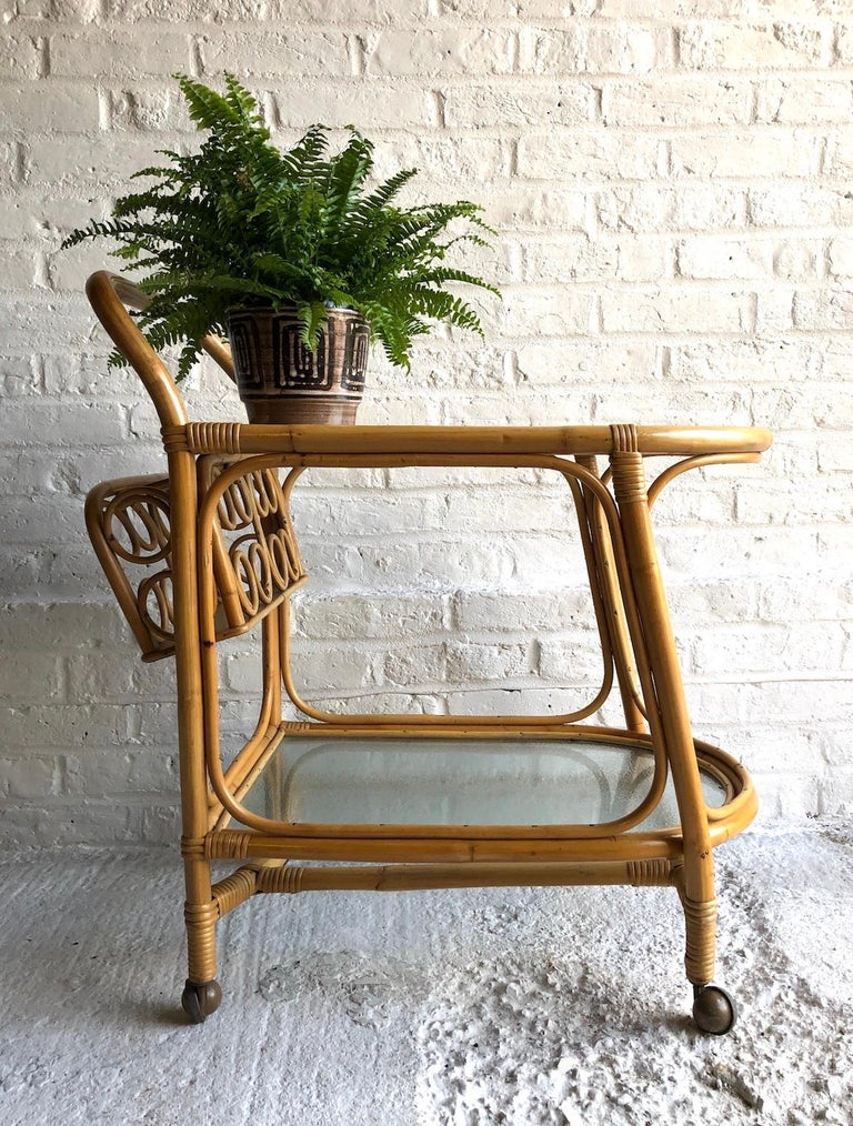 Midcentury Rattan / Cane Drinks Trolley by Angraves, circa 1970 at