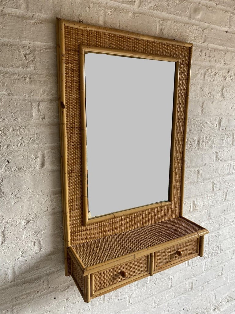Mid Century Rattan and Cane Wall Mirror with Drawers, Italian, 1970s