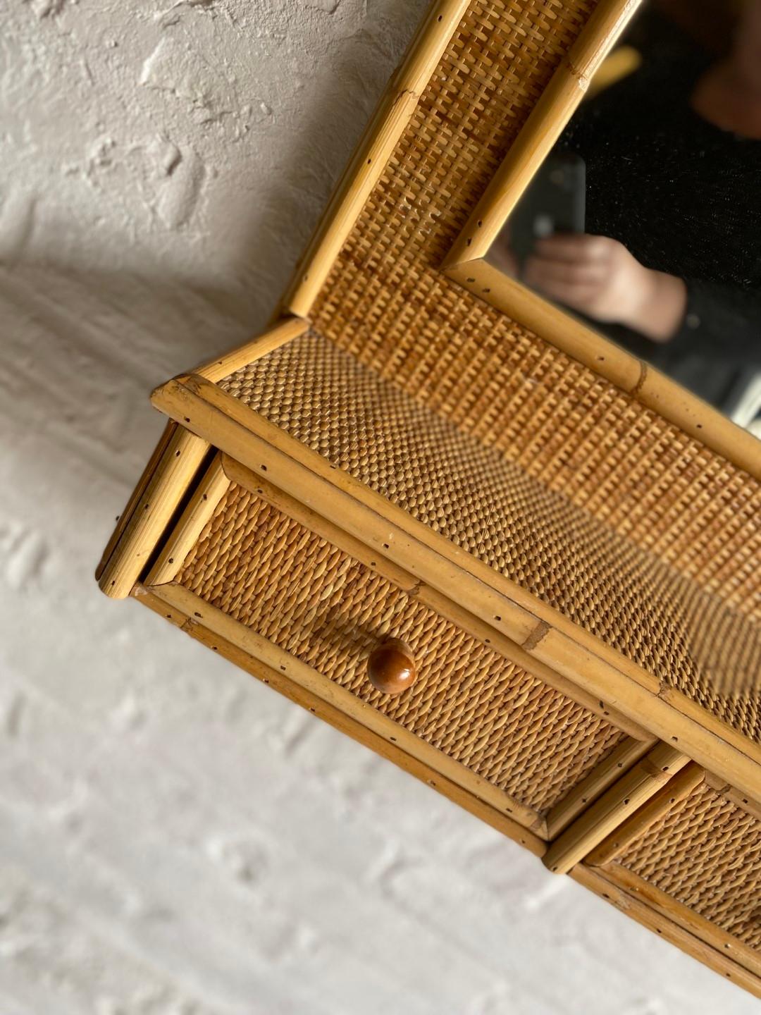 20th Century Mid Century Rattan & Cane Wall Mirror with Drawers, Italian, 1970s For Sale