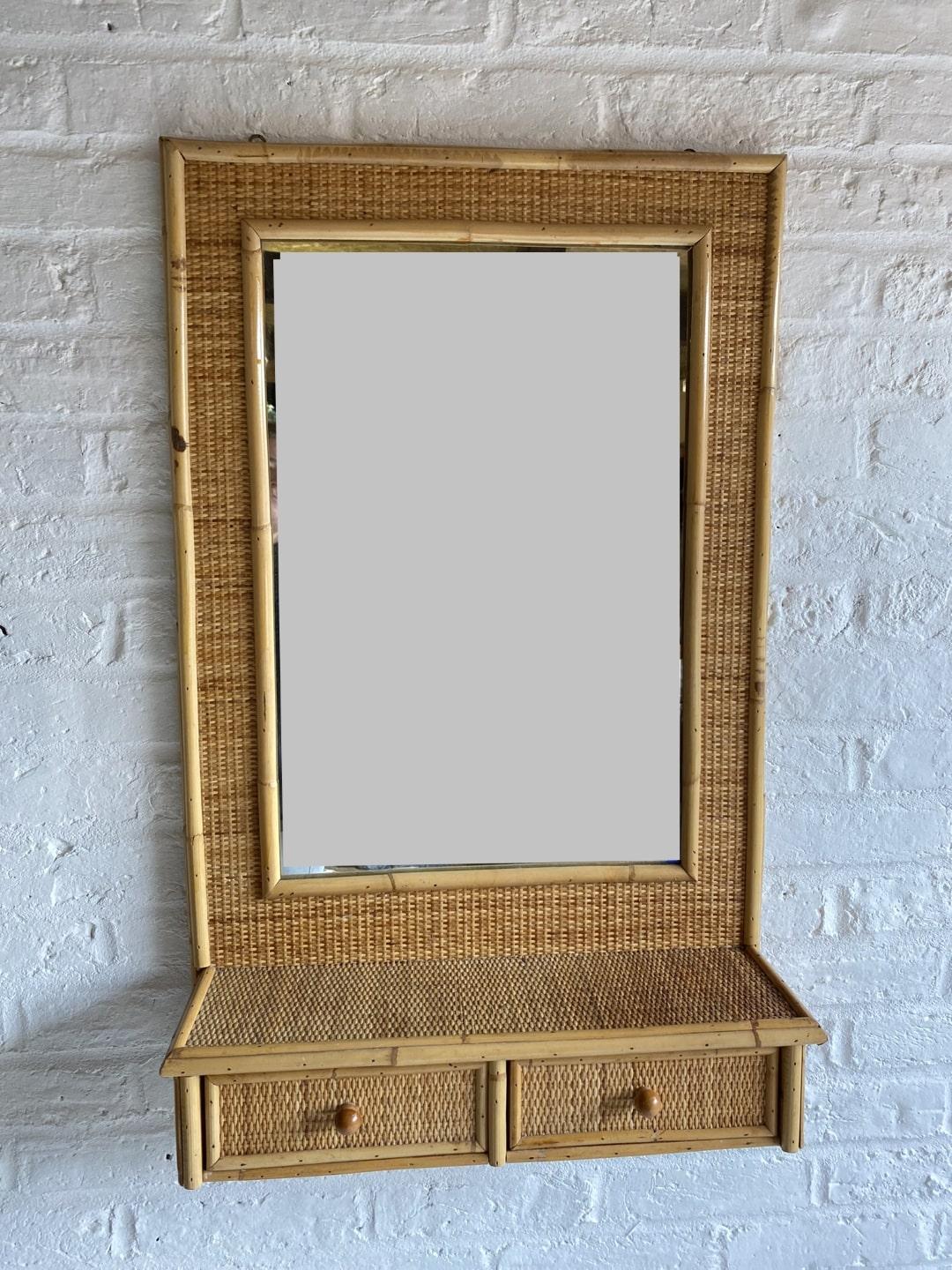 Mid Century Rattan & Cane Wall Mirror with Drawers, Italian, 1970s For Sale 1