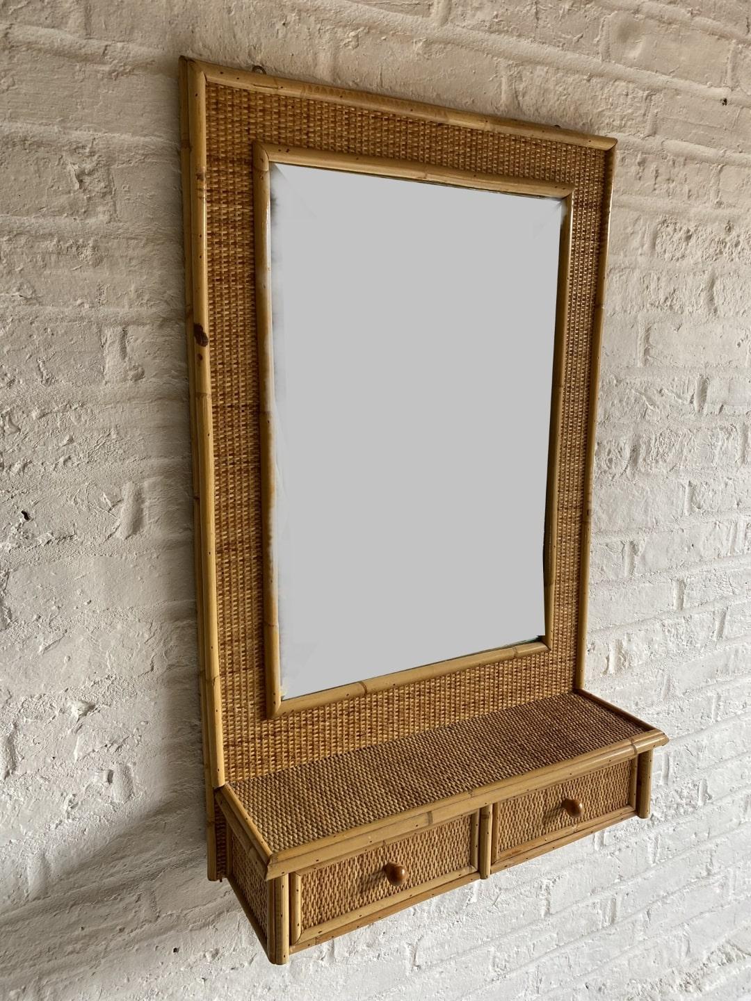 Mid Century Rattan & Cane Wall Mirror with Drawers, Italian, 1970s For Sale 2
